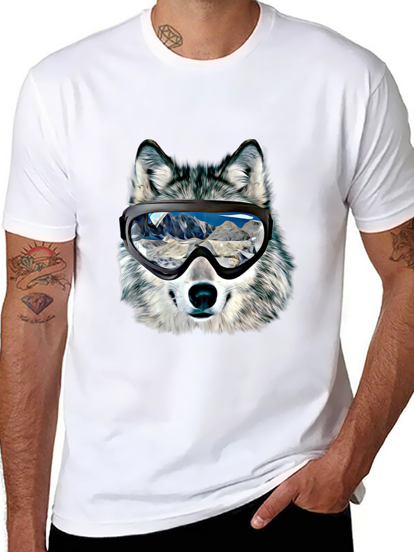 Wolf Ski Goggles Graphic Tee - Black Cotton Blend