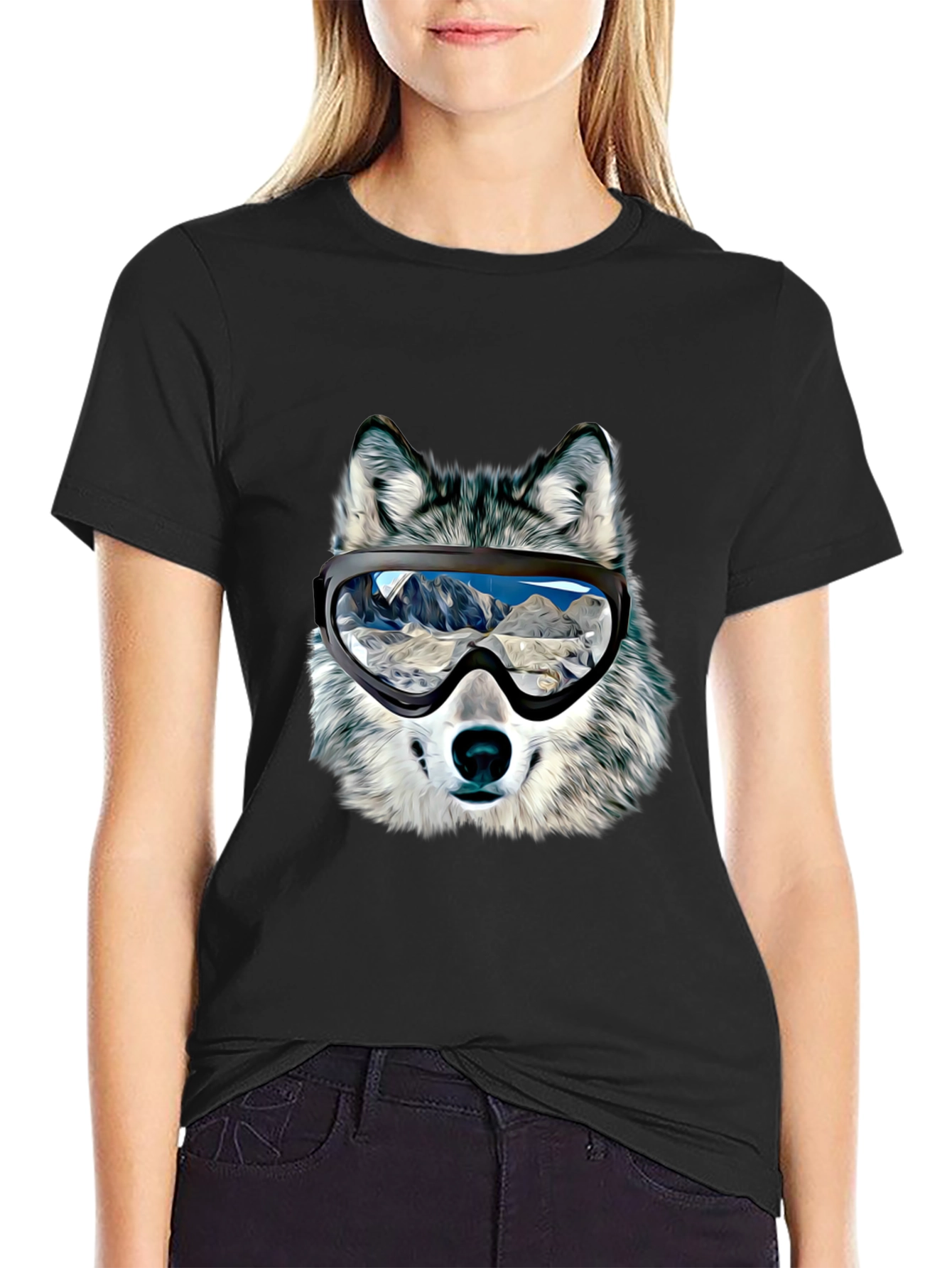 Wolf Ski Goggles Graphic Tee - Black Cotton Blend