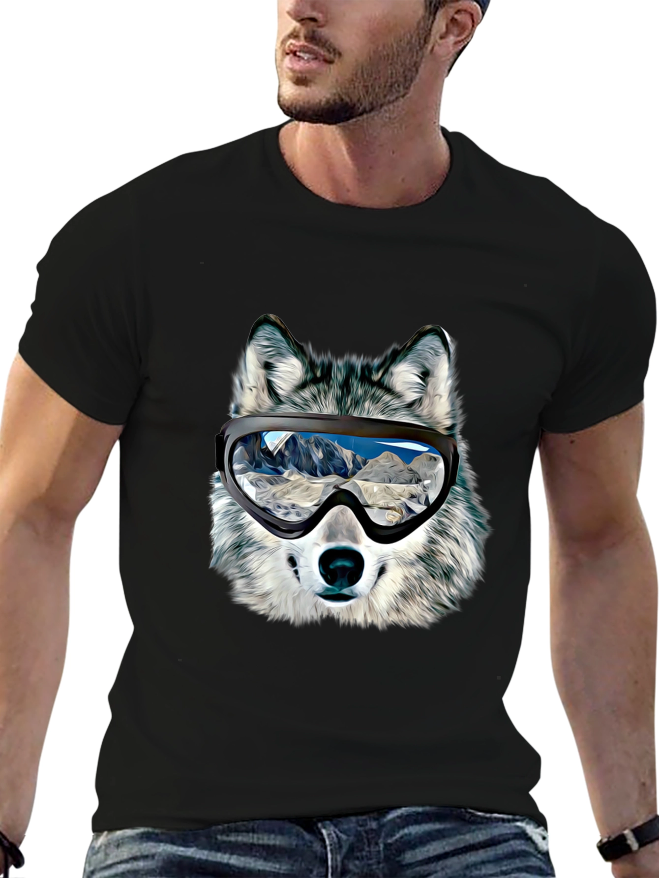 Wolf Ski Goggles Graphic Tee - Black Cotton Blend