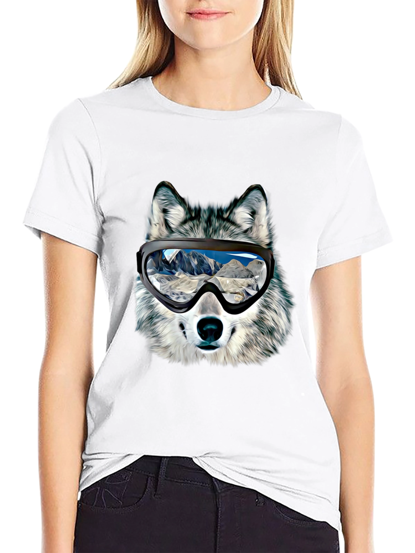 Wolf Ski Goggles Graphic Tee - Black Cotton Blend