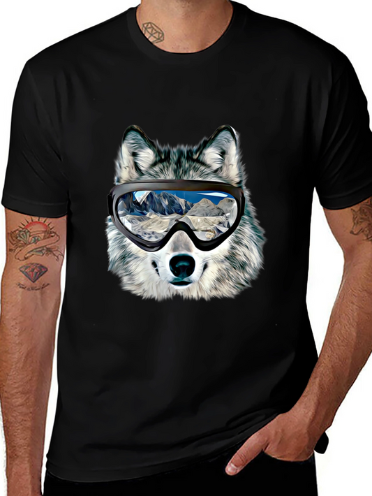 Wolf Ski Goggles Graphic Tee - Black Cotton Blend