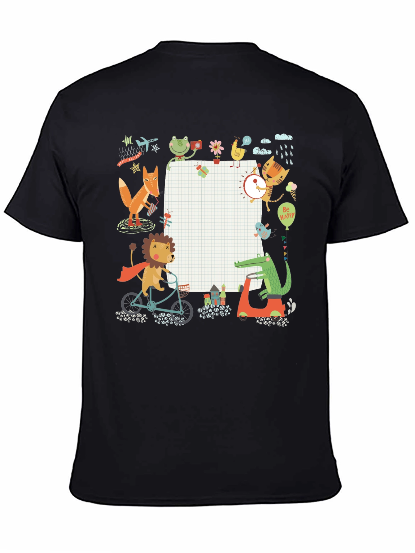 Cute Cartoon Animals on Black T-Shirt