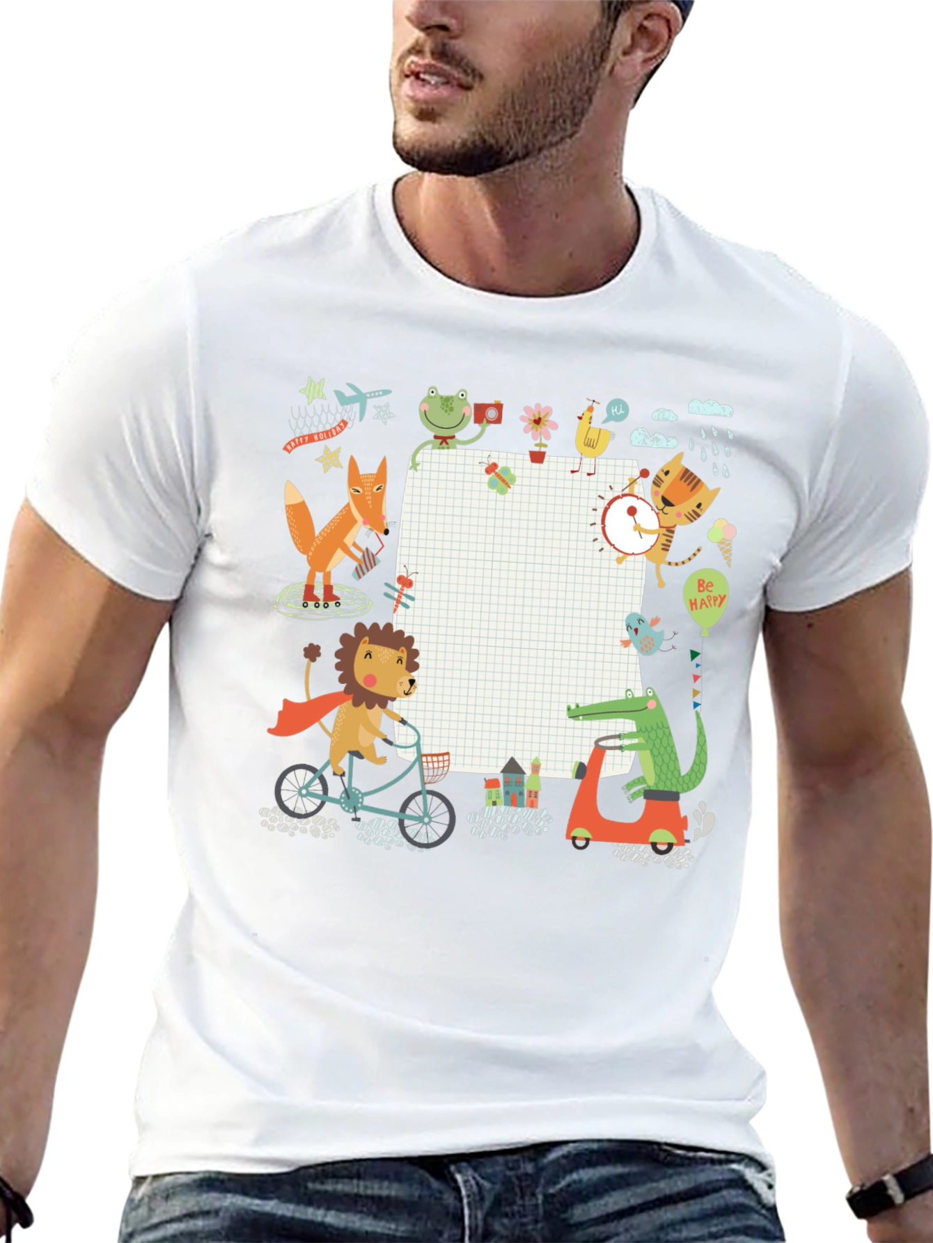 Cute Cartoon Animals on Black T-Shirt