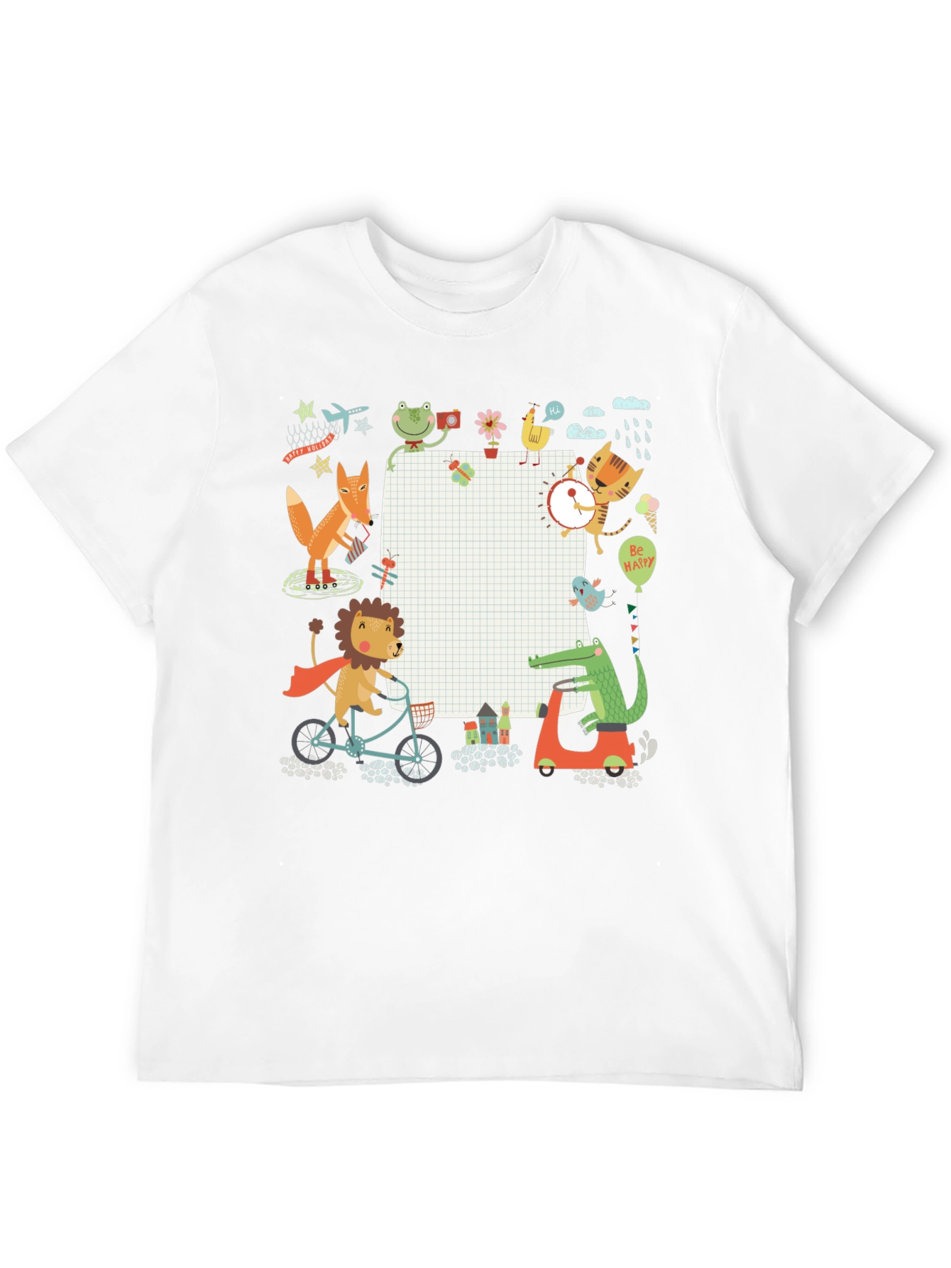 Cute Cartoon Animals on Black T-Shirt