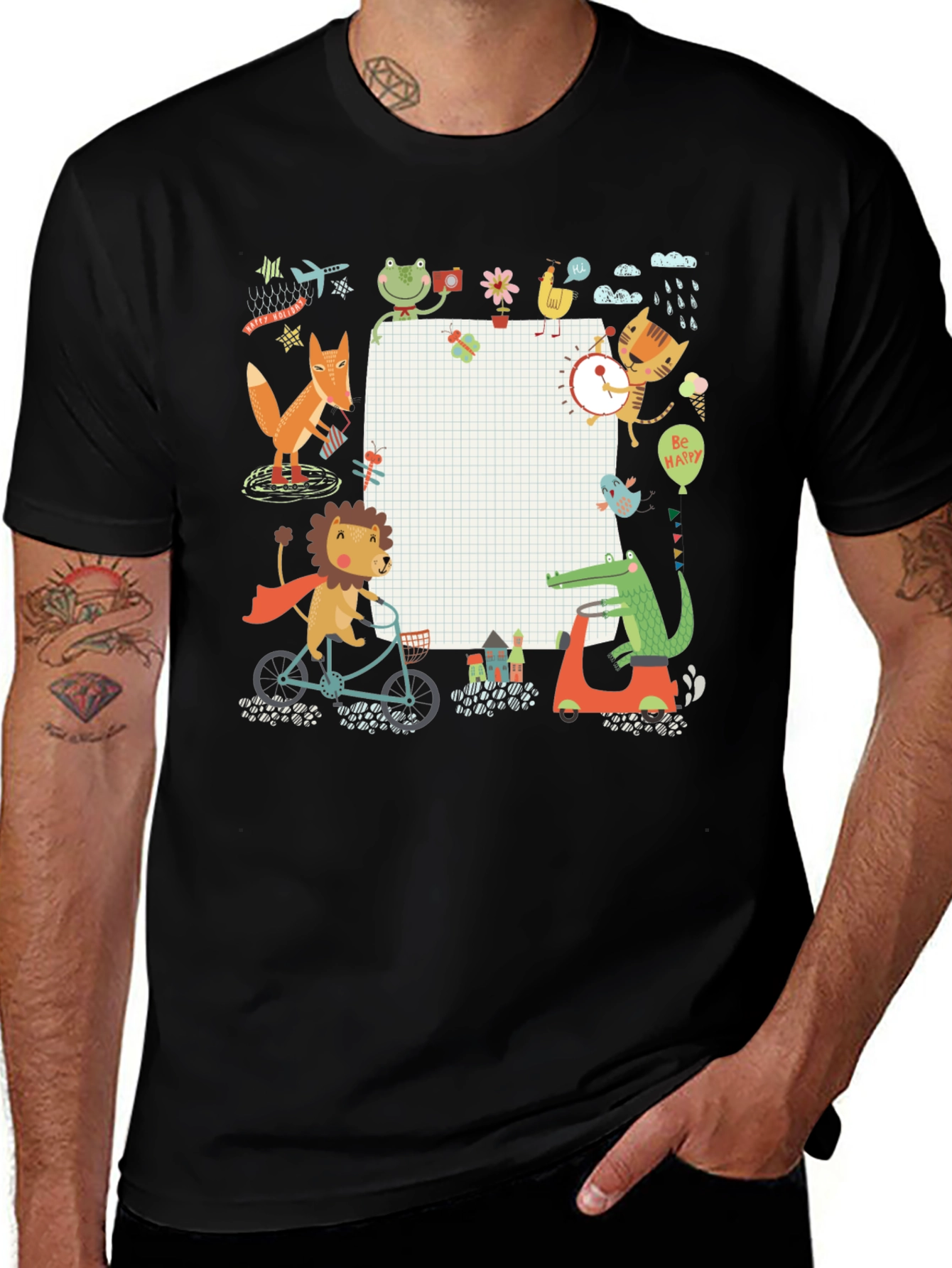 Cute Cartoon Animals on Black T-Shirt