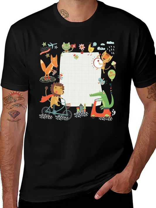 Cute Cartoon Animals on Black T-Shirt