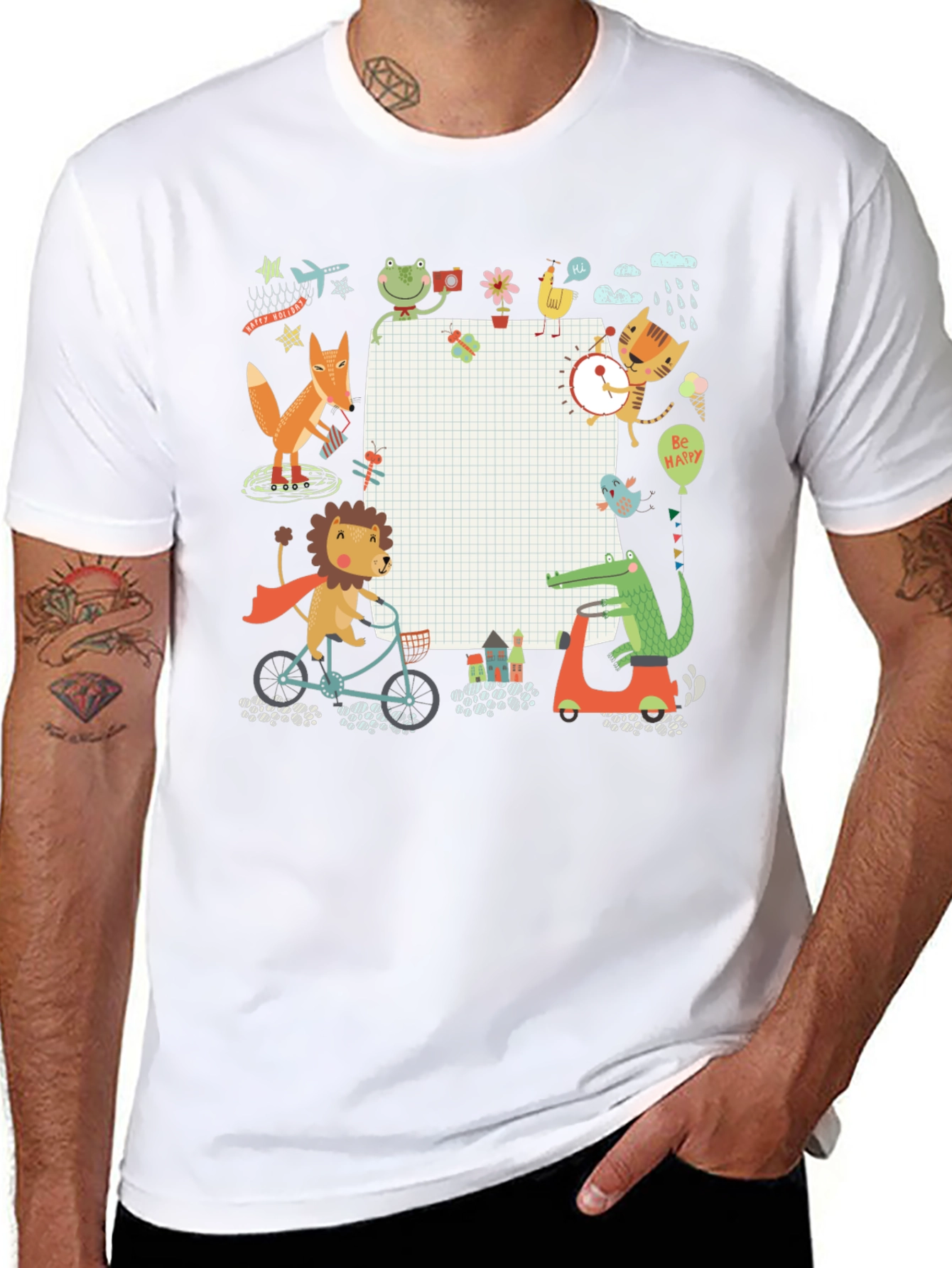 Cute Cartoon Animals on Black T-Shirt
