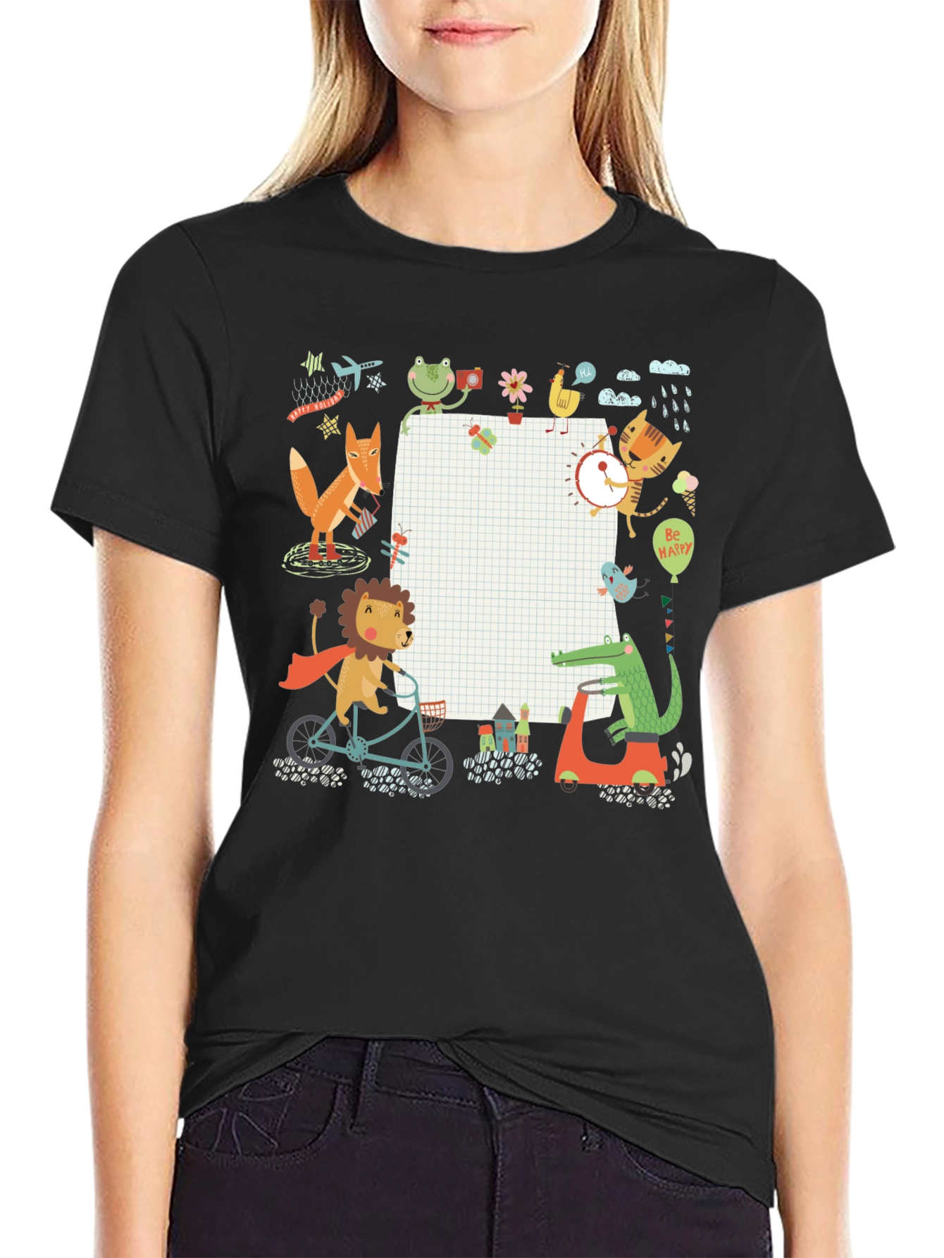 Cute Cartoon Animals on Black T-Shirt