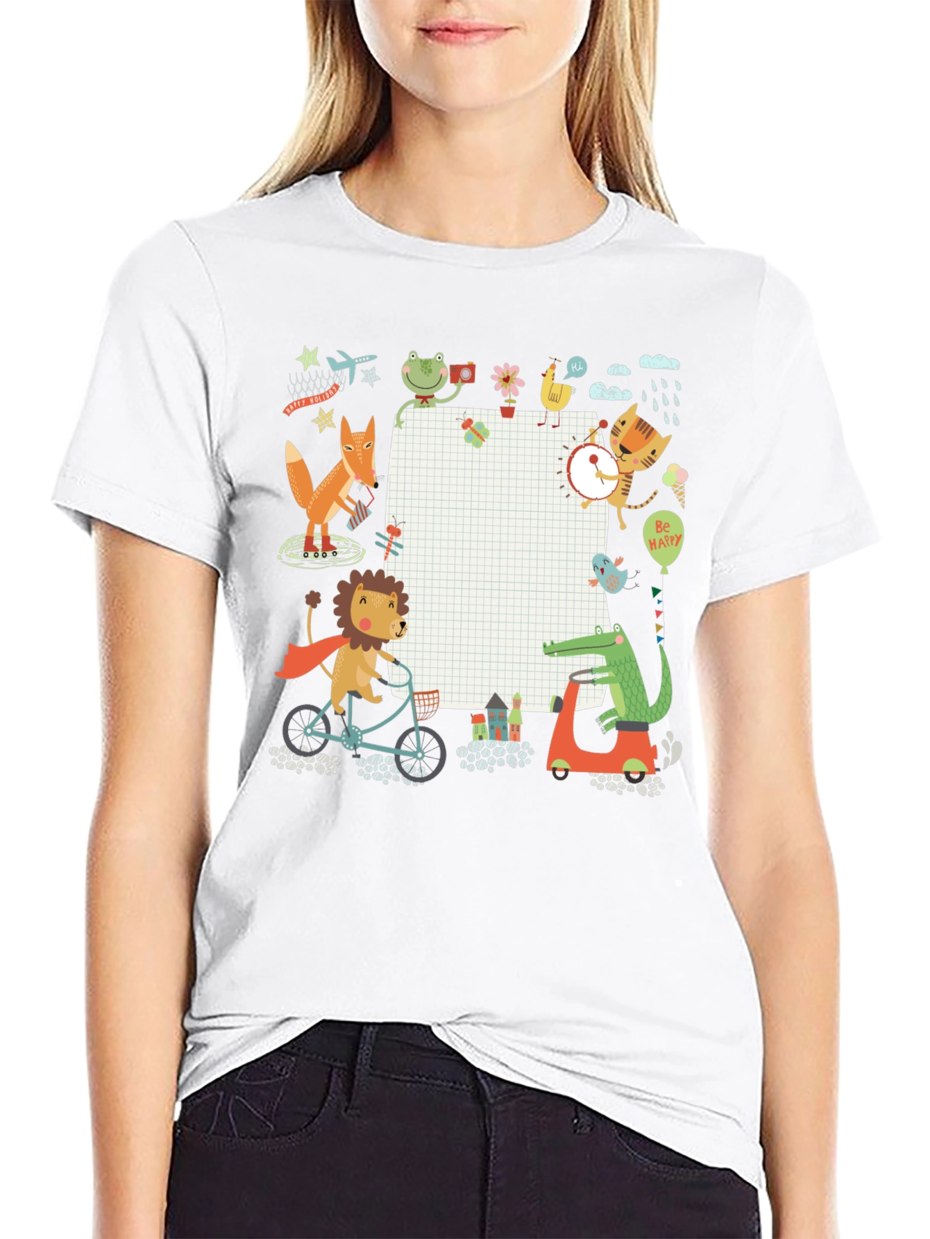 Cute Cartoon Animals on Black T-Shirt