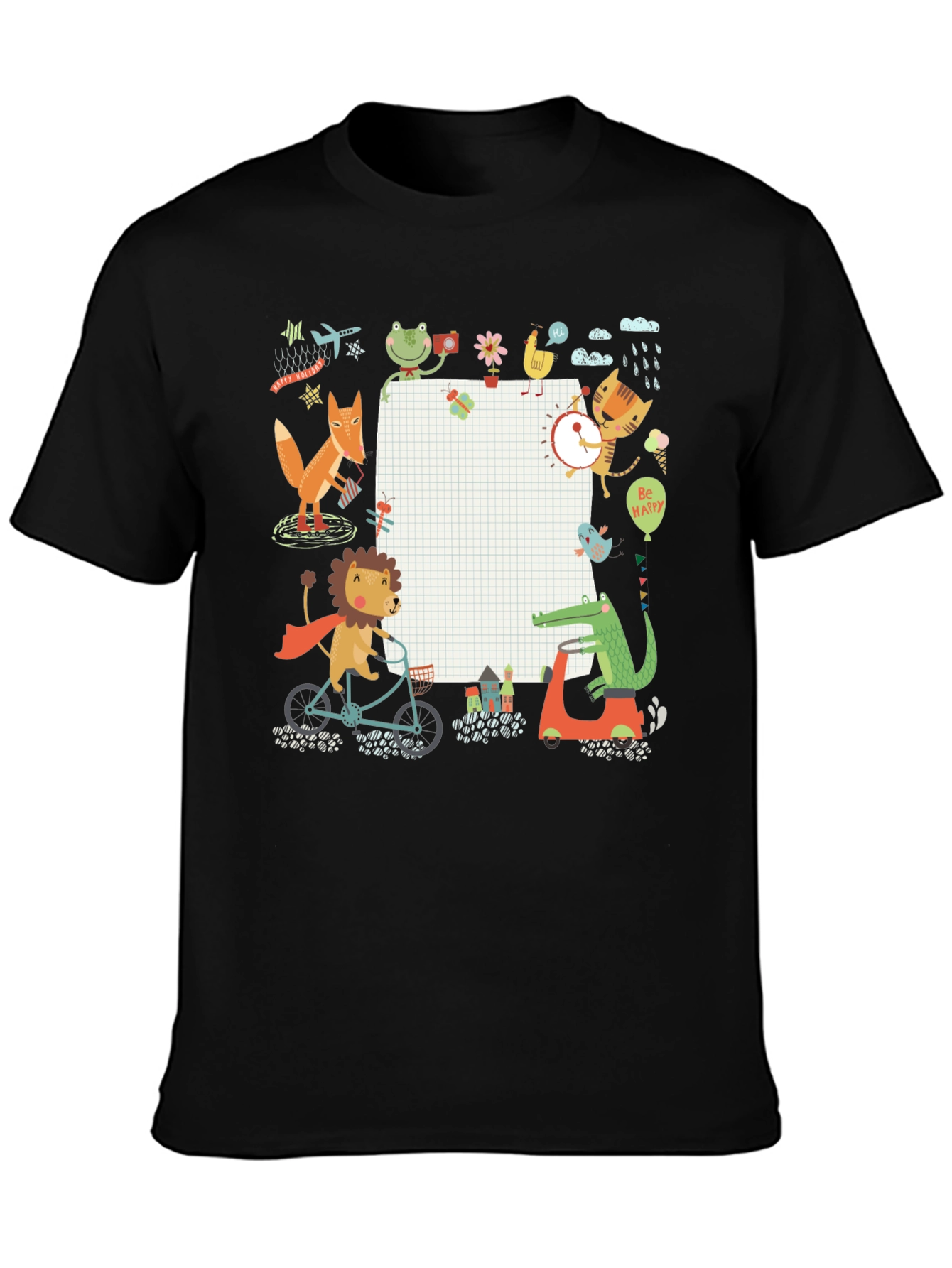 Cute Cartoon Animals on Black T-Shirt
