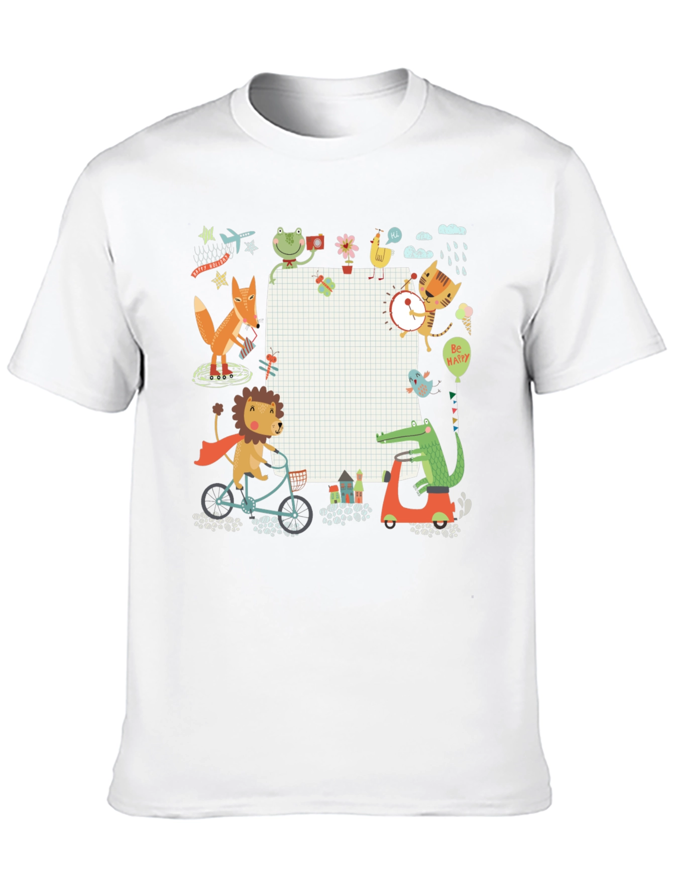 Cute Cartoon Animals on Black T-Shirt