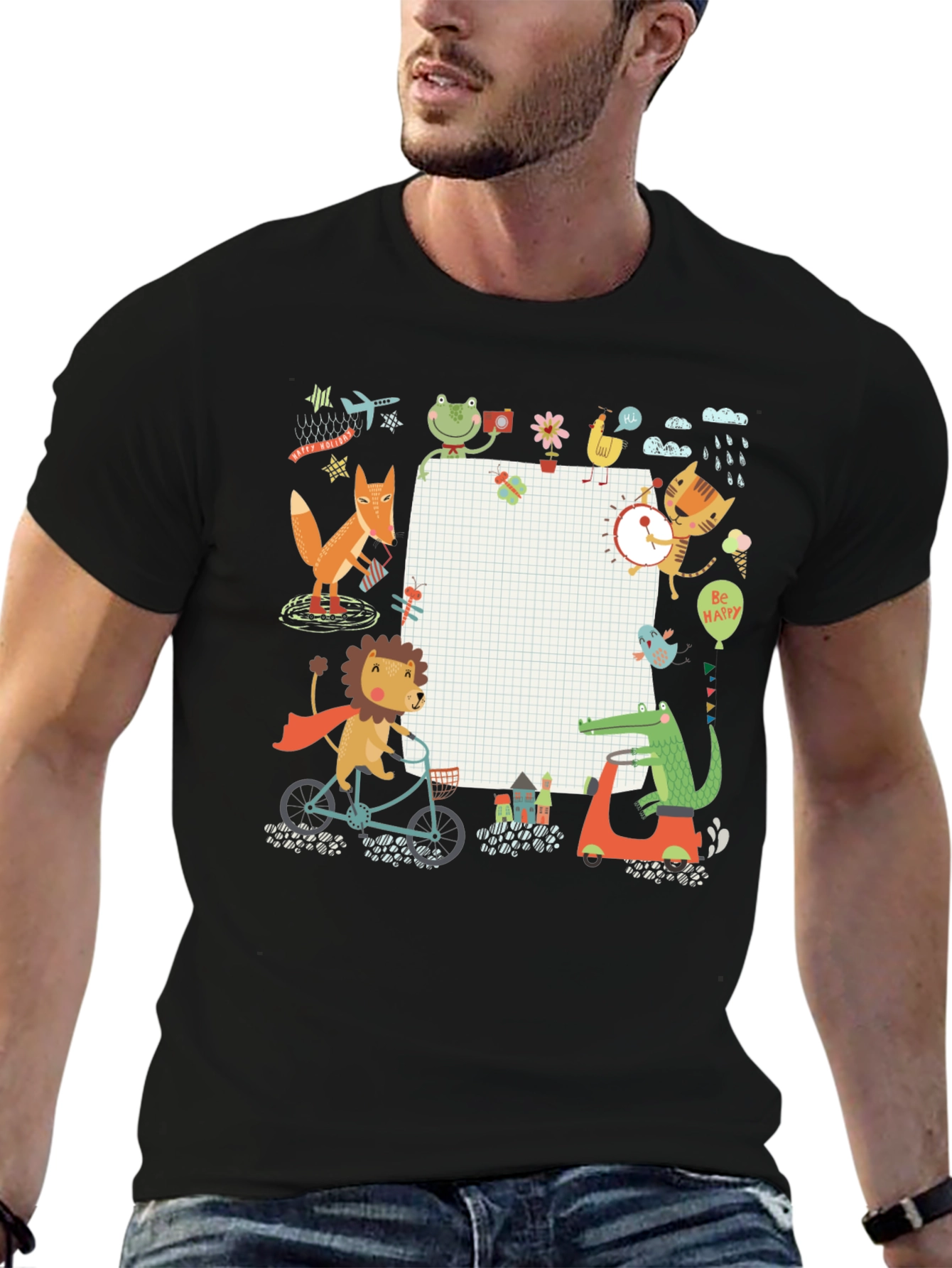 Cute Cartoon Animals on Black T-Shirt