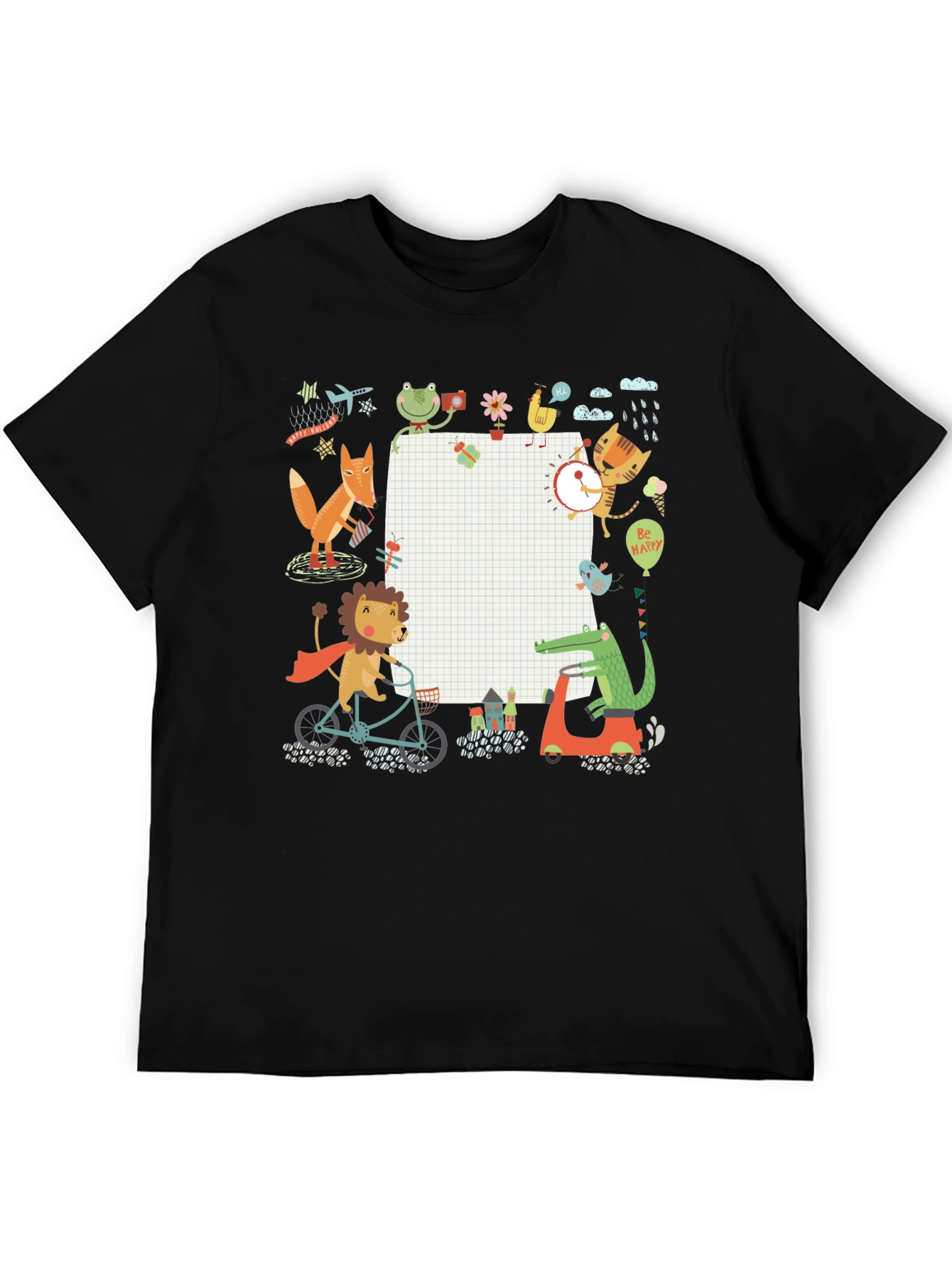 Cute Cartoon Animals on Black T-Shirt