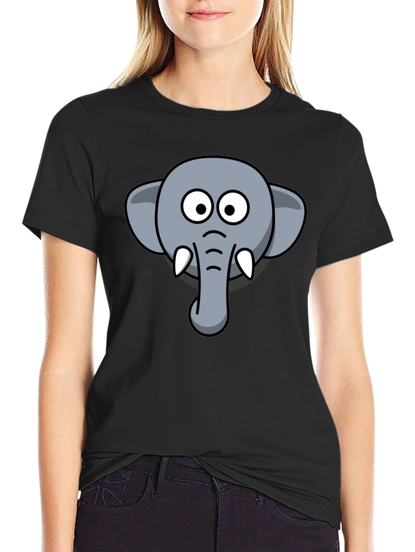 Elephant Cartoon Graphic Tee - Black Cotton T-Shirt