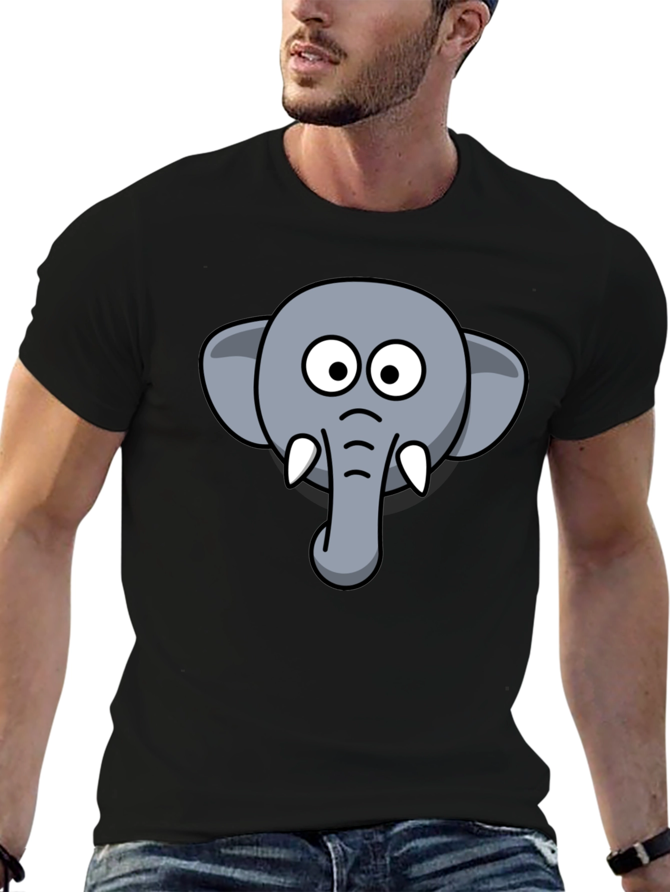 Elephant Cartoon Graphic Tee - Black Cotton T-Shirt