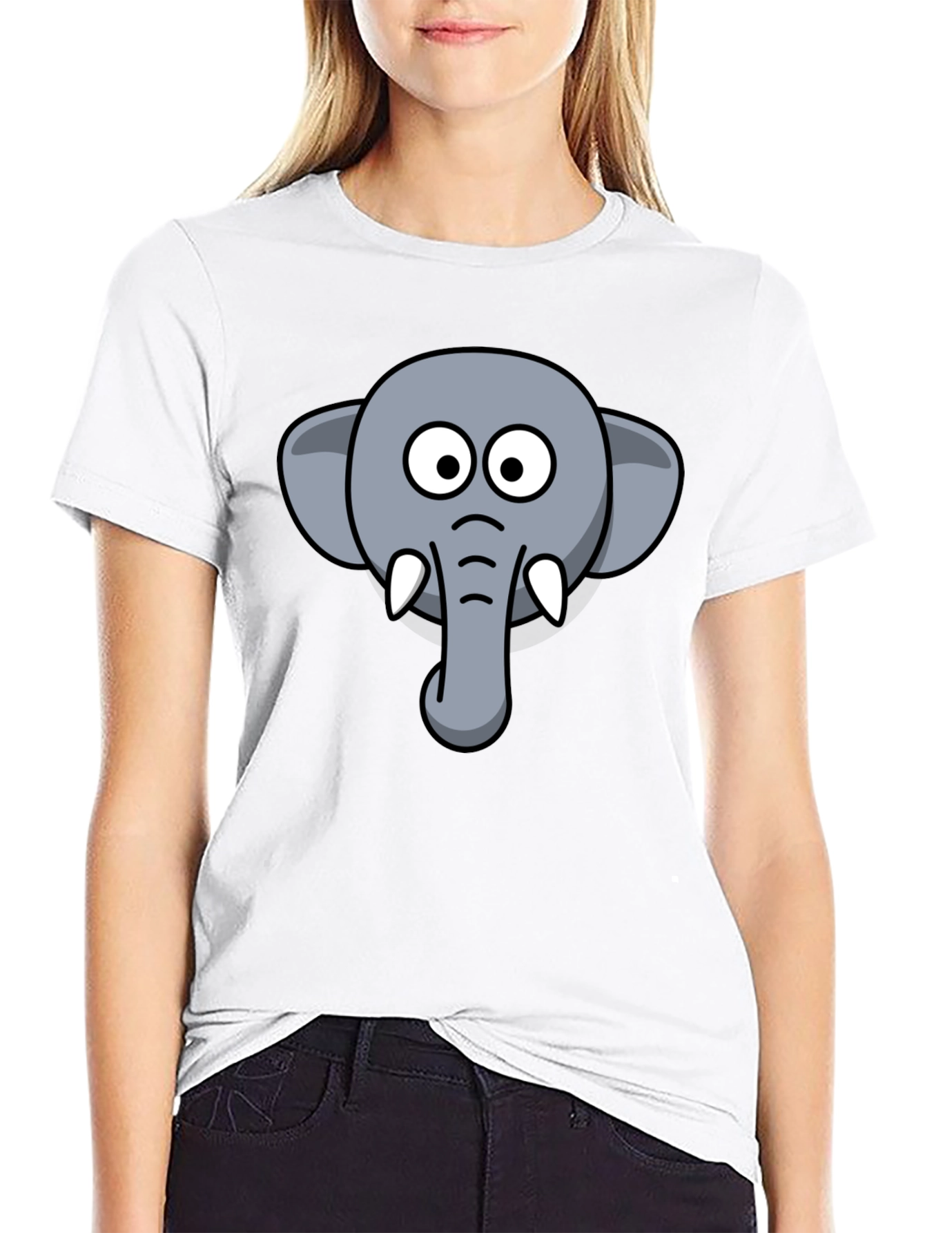 Elephant Cartoon Graphic Tee - Black Cotton T-Shirt