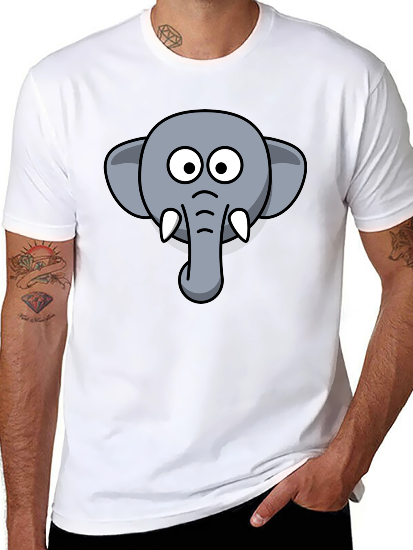 Elephant Cartoon Graphic Tee - Black Cotton T-Shirt