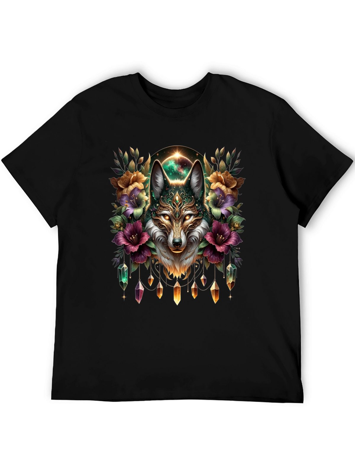 Mystic Wolf Graphic Tee - Floral Crystal Design