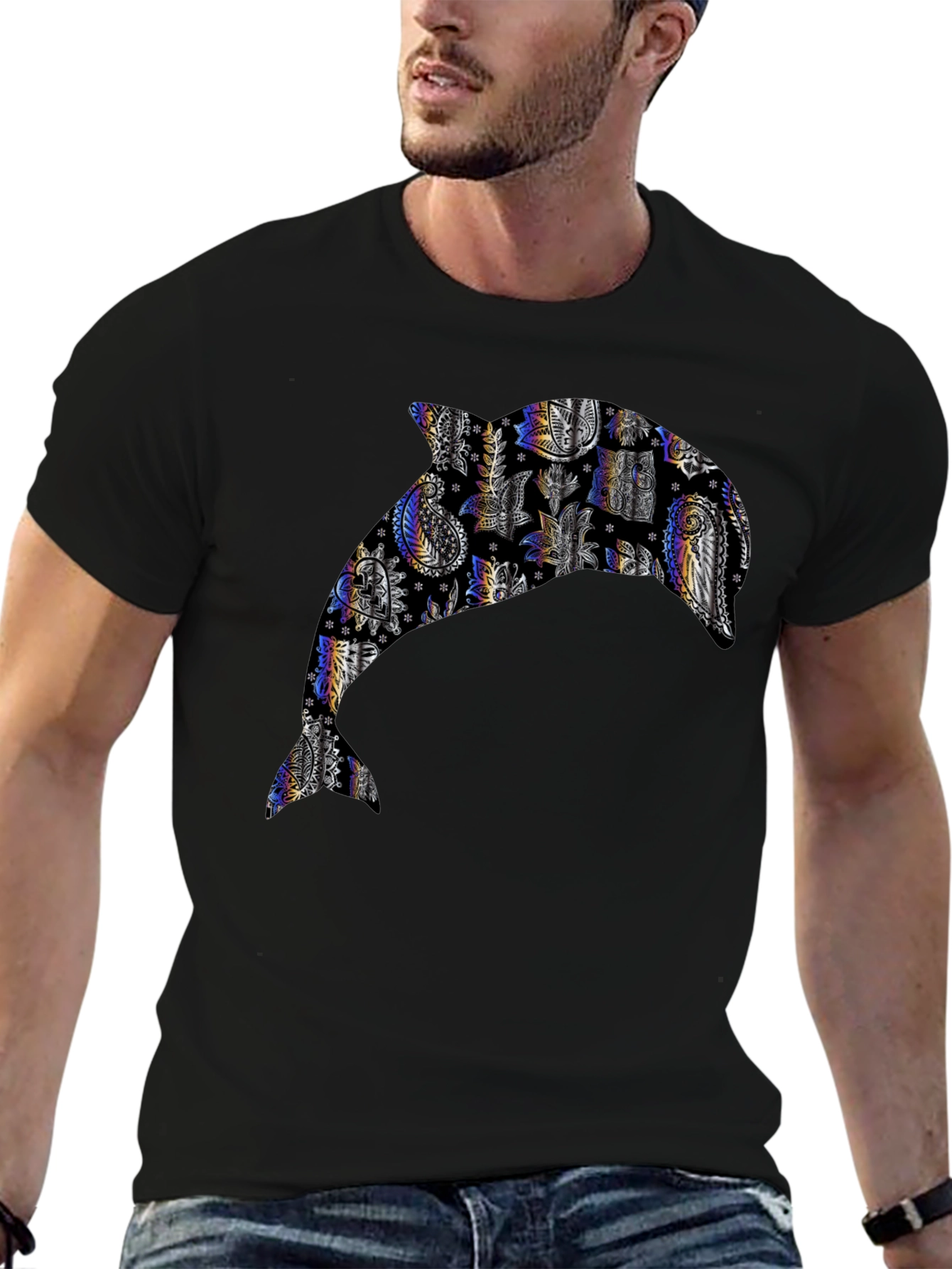 Dolphin Patterned Graphic Tee - Black
