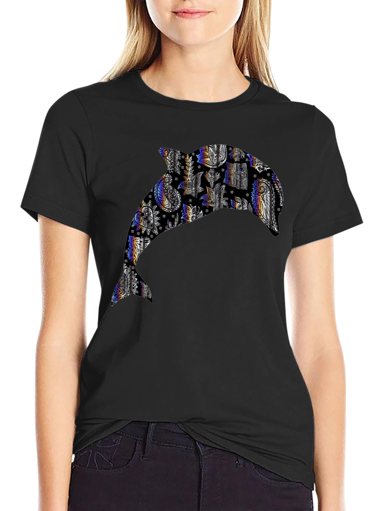 Dolphin Patterned Graphic Tee - Black