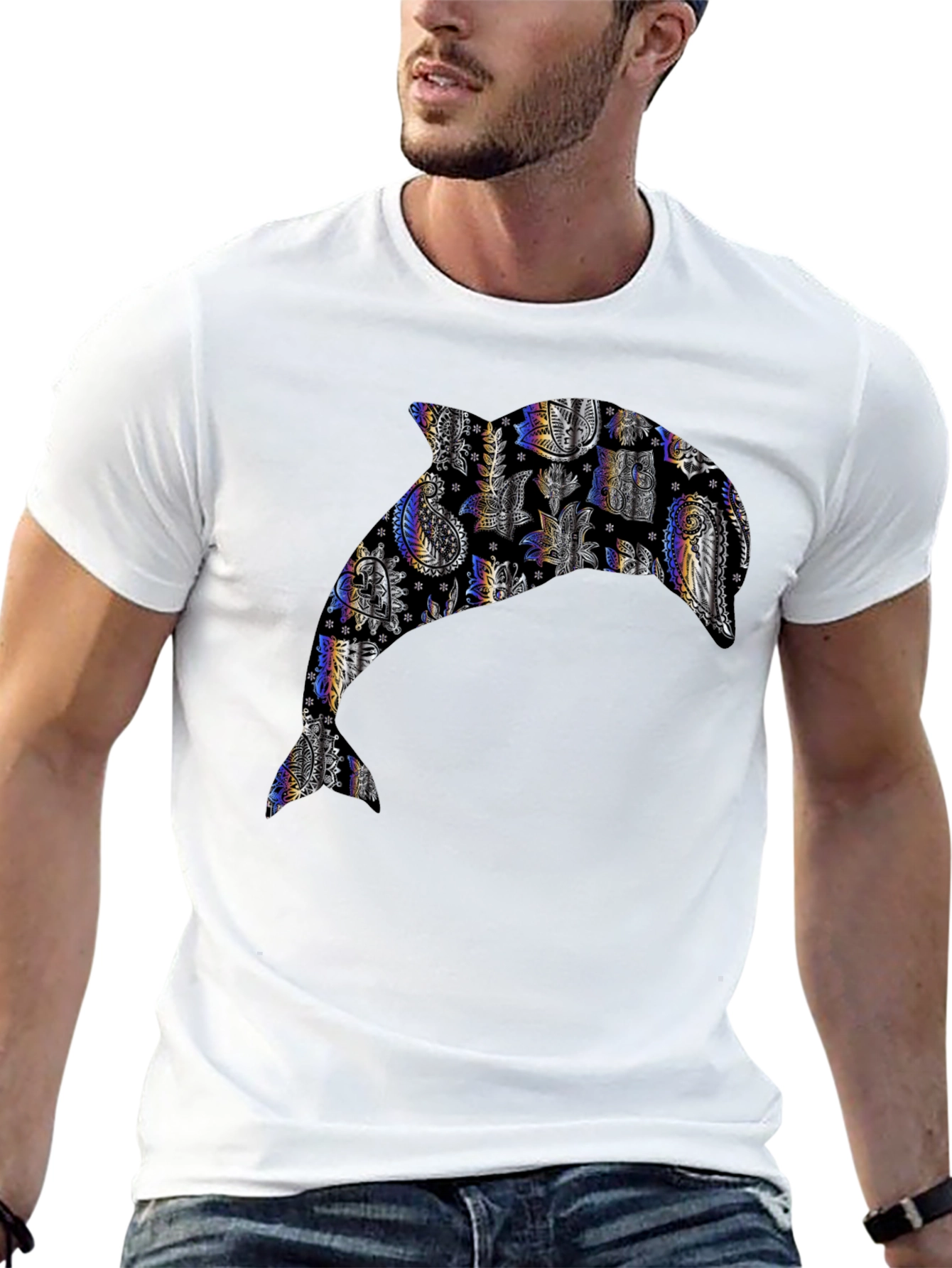 Dolphin Patterned Graphic Tee - Black