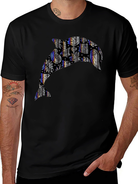 Dolphin Patterned Graphic Tee - Black