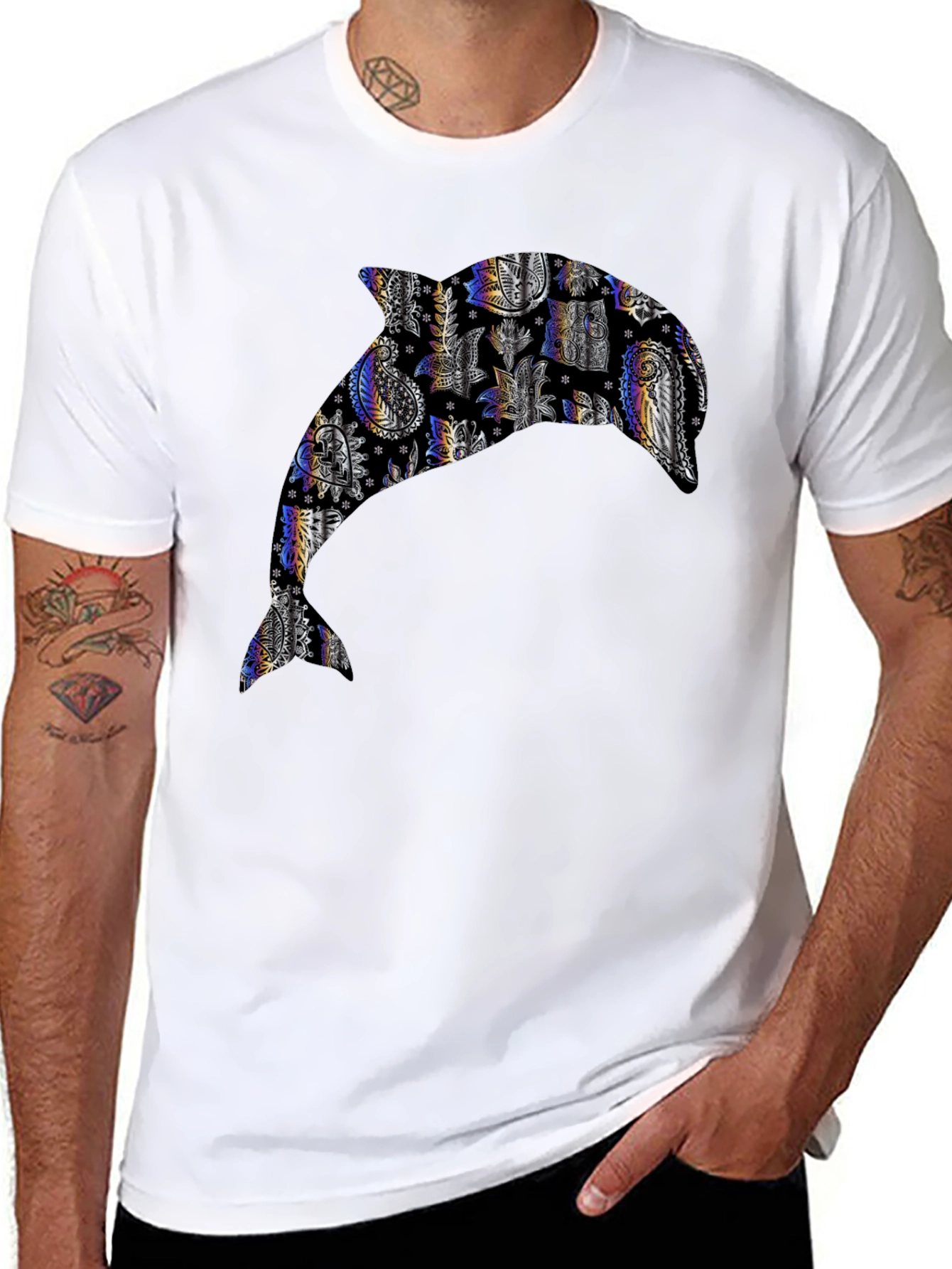 Dolphin Patterned Graphic Tee - Black