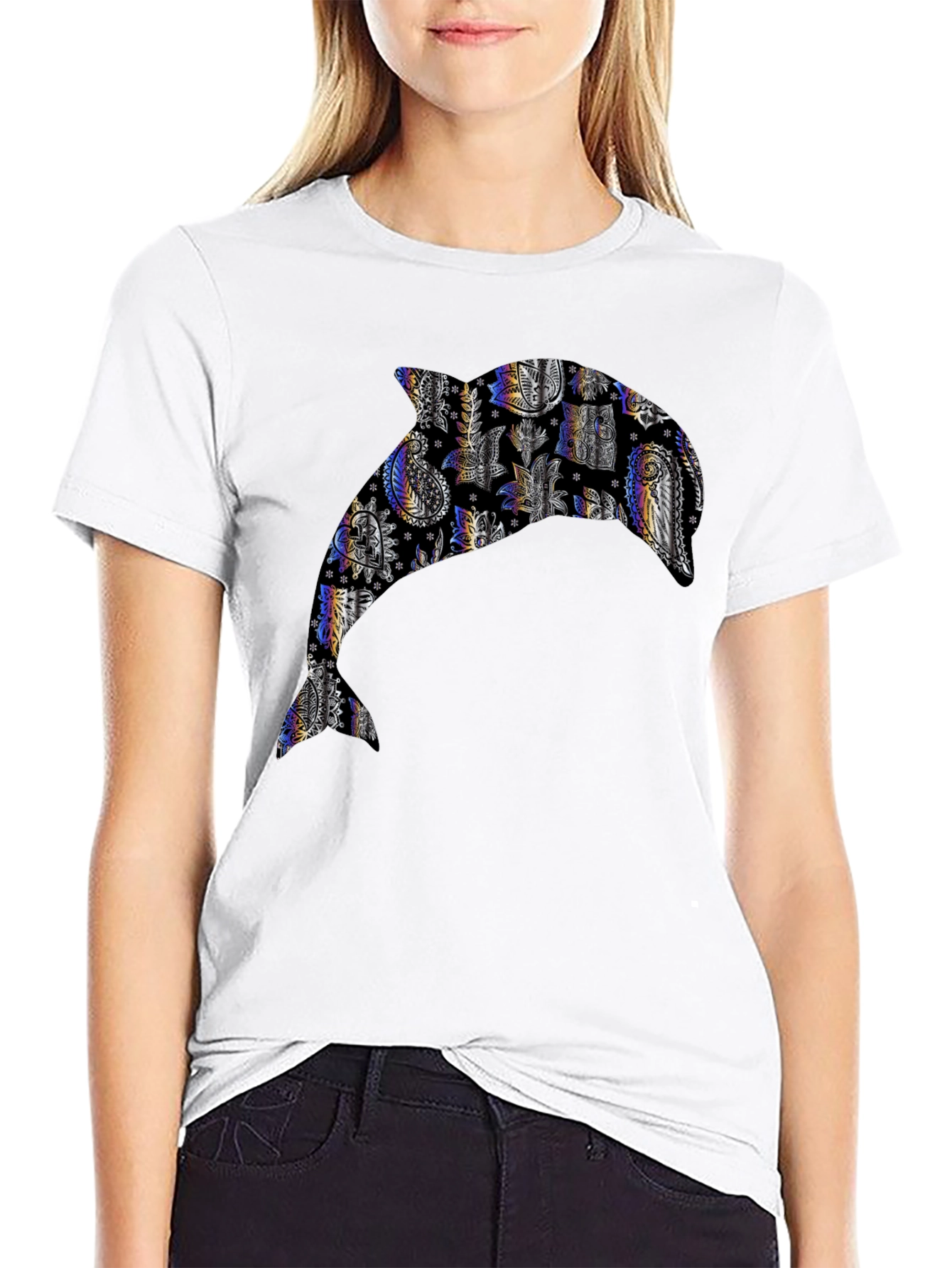 Dolphin Patterned Graphic Tee - Black