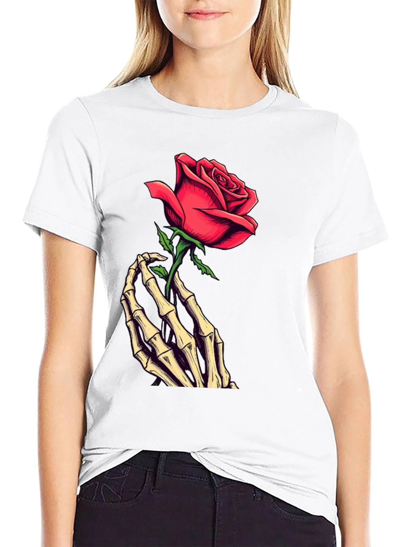 Rose & Skeleton Hand Graphic Tee - Dark Style
