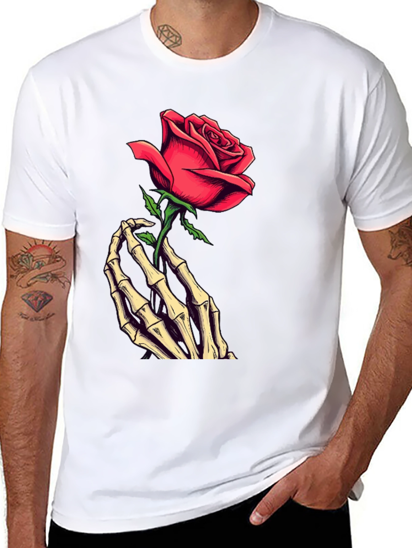 Rose & Skeleton Hand Graphic Tee - Dark Style
