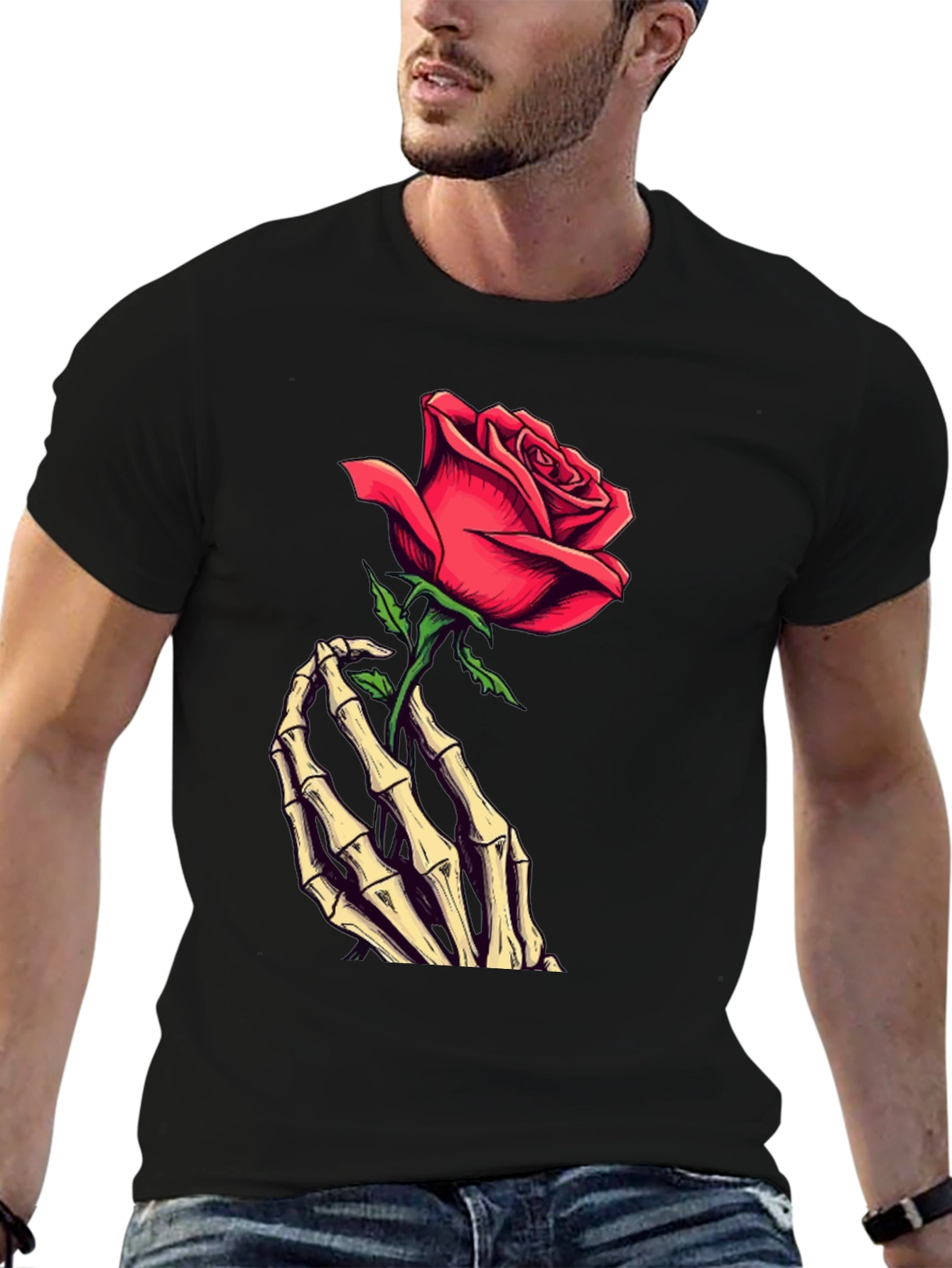 Rose & Skeleton Hand Graphic Tee - Dark Style