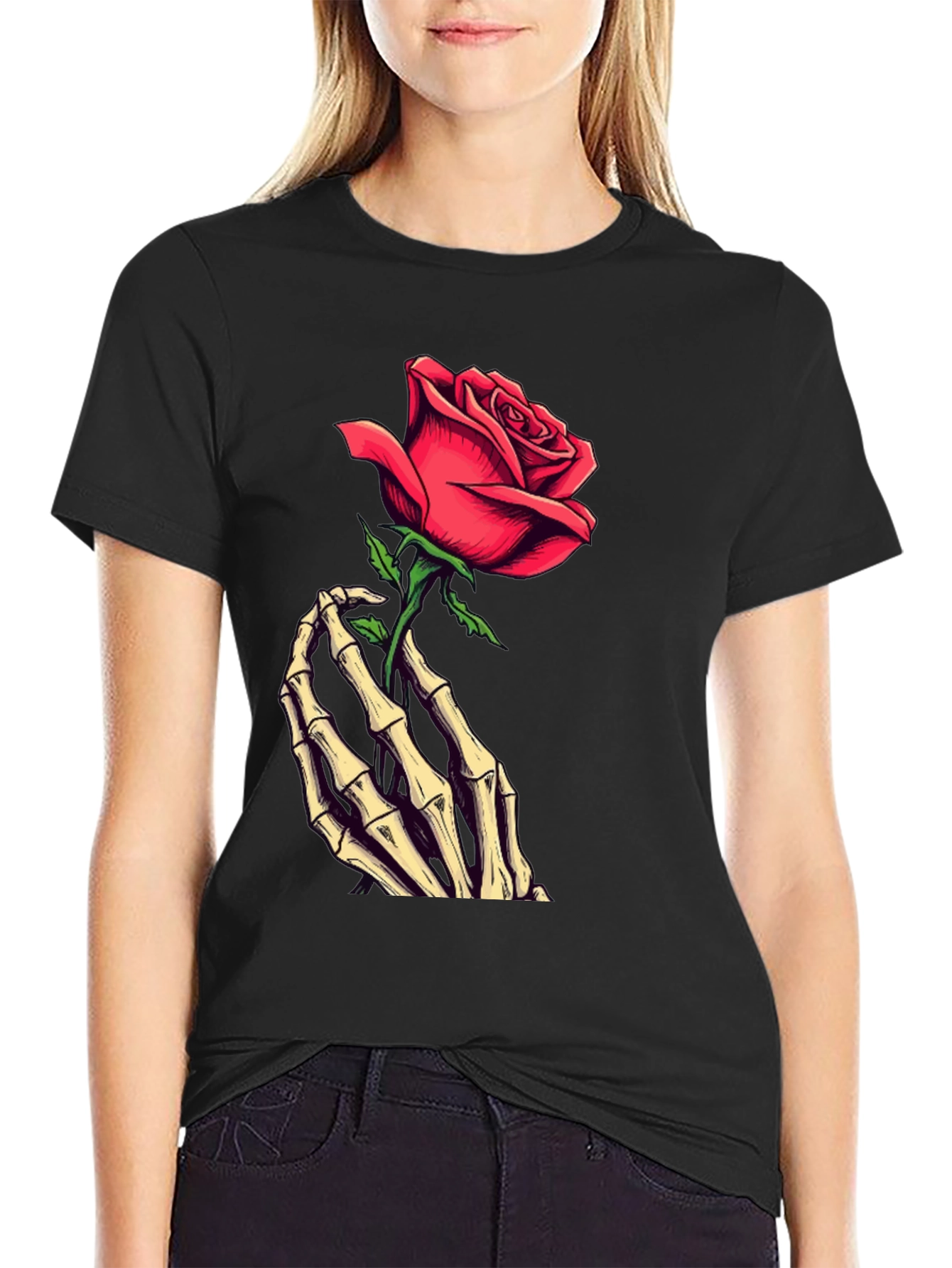 Rose & Skeleton Hand Graphic Tee - Dark Style