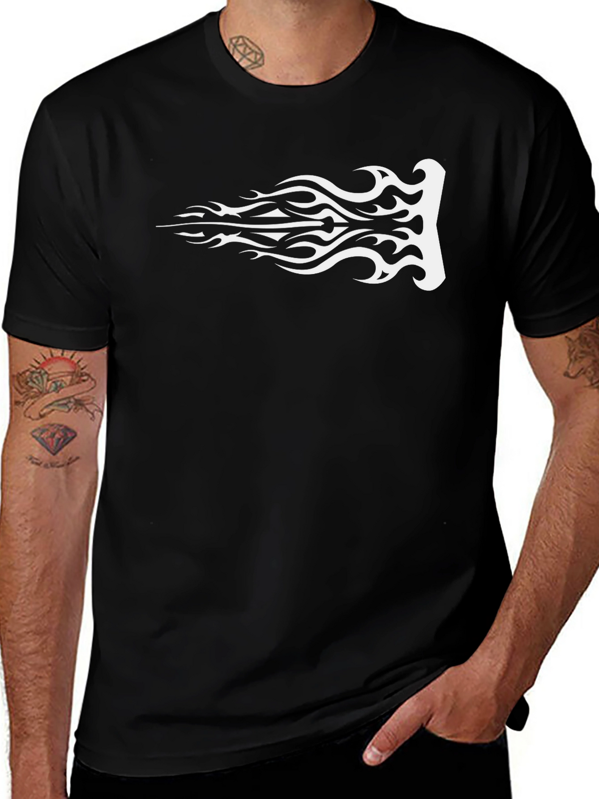 Mens Black T-Shirt with White Tribal Flame Graphic