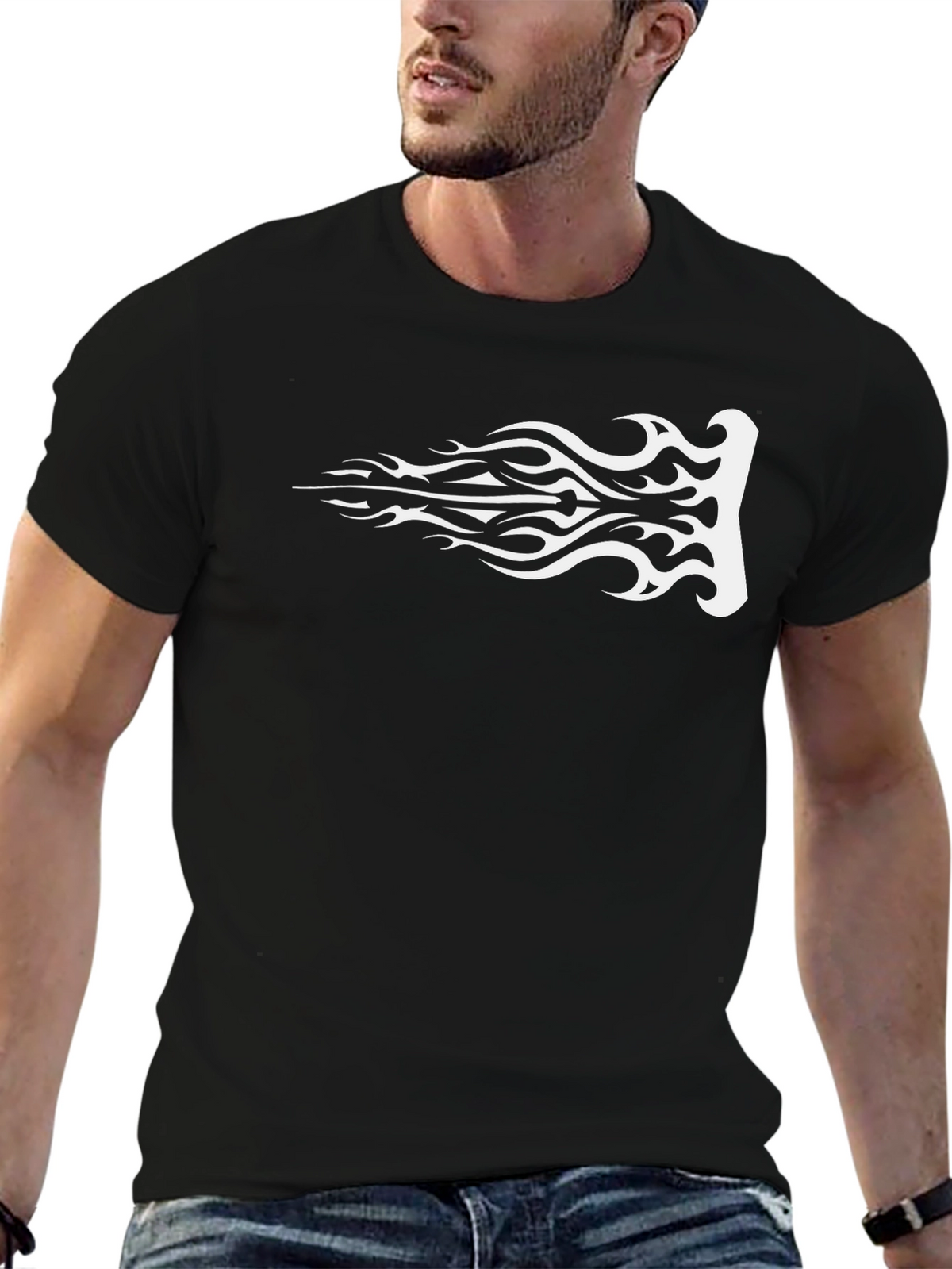 Mens Black T-Shirt with White Tribal Flame Graphic