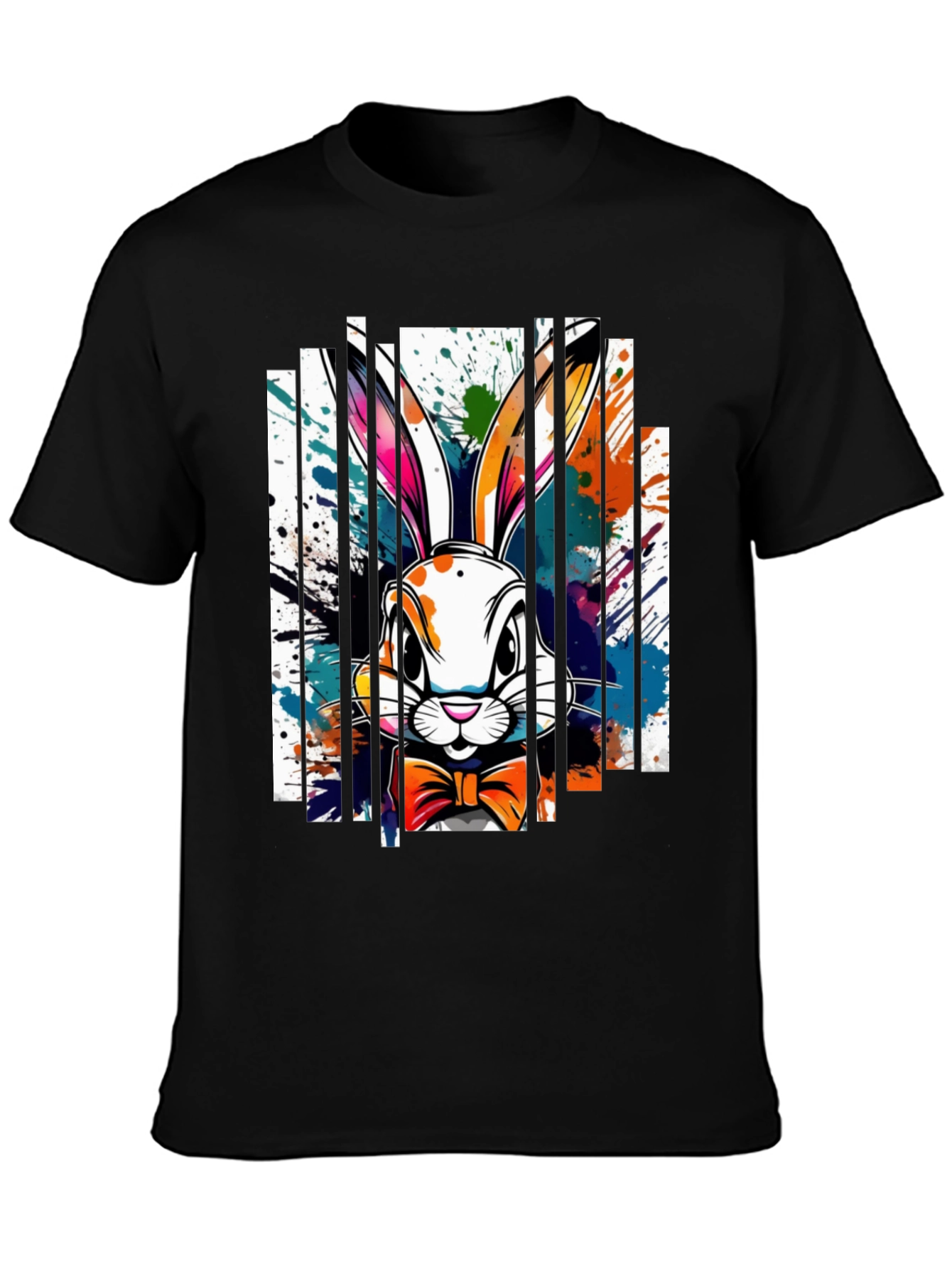 Easter Bunny Splatter Print Black T-Shirt