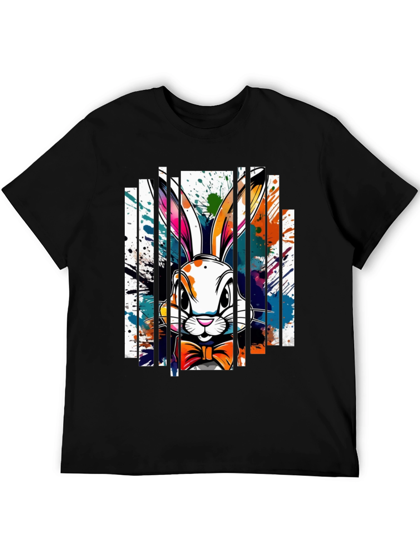 Easter Bunny Splatter Print Black T-Shirt
