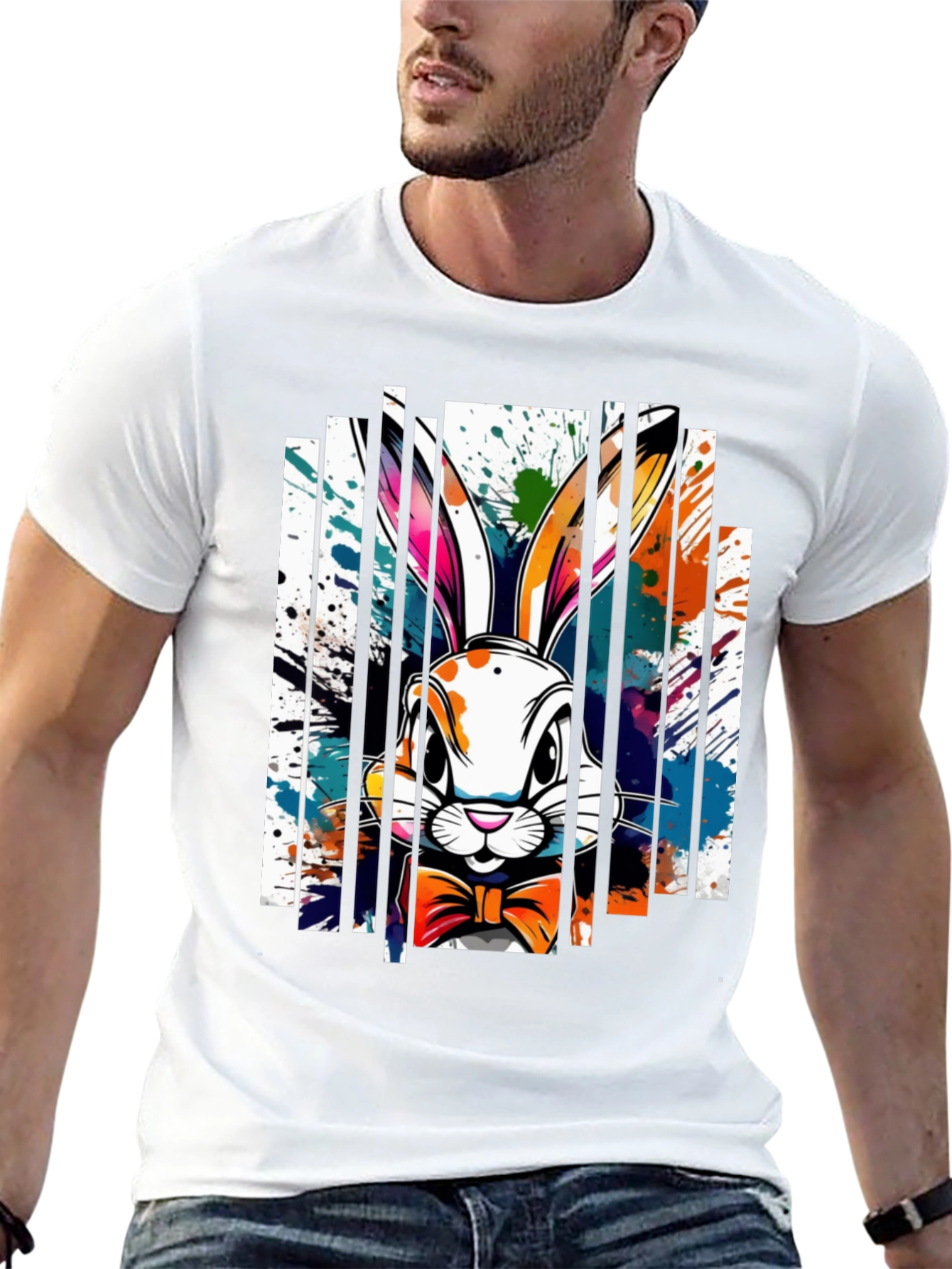 Easter Bunny Splatter Print Black T-Shirt