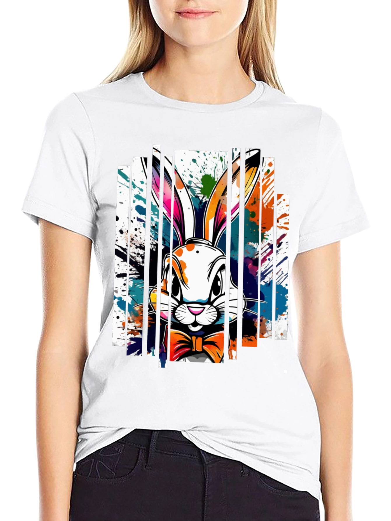 Easter Bunny Splatter Print Black T-Shirt