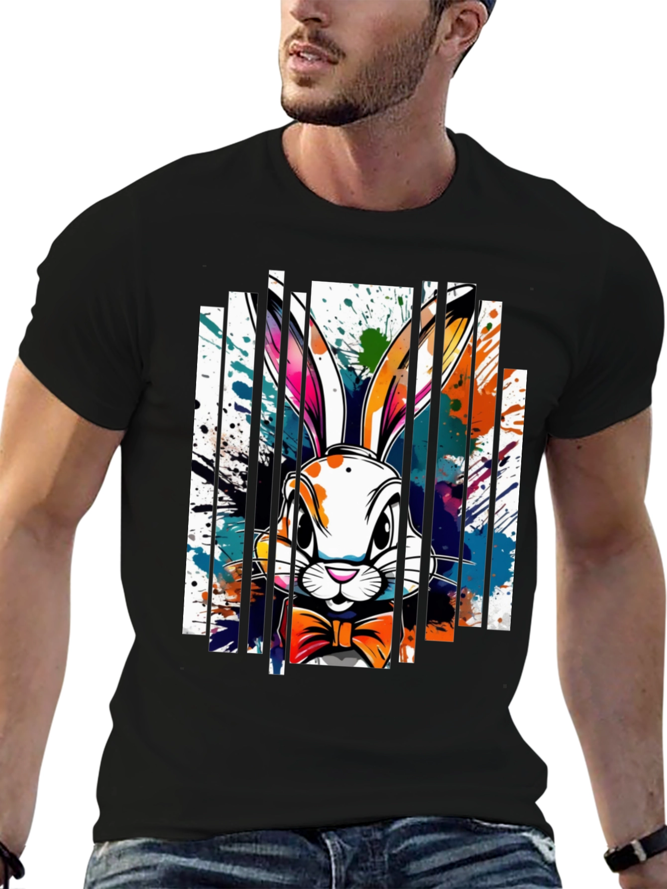 Easter Bunny Splatter Print Black T-Shirt