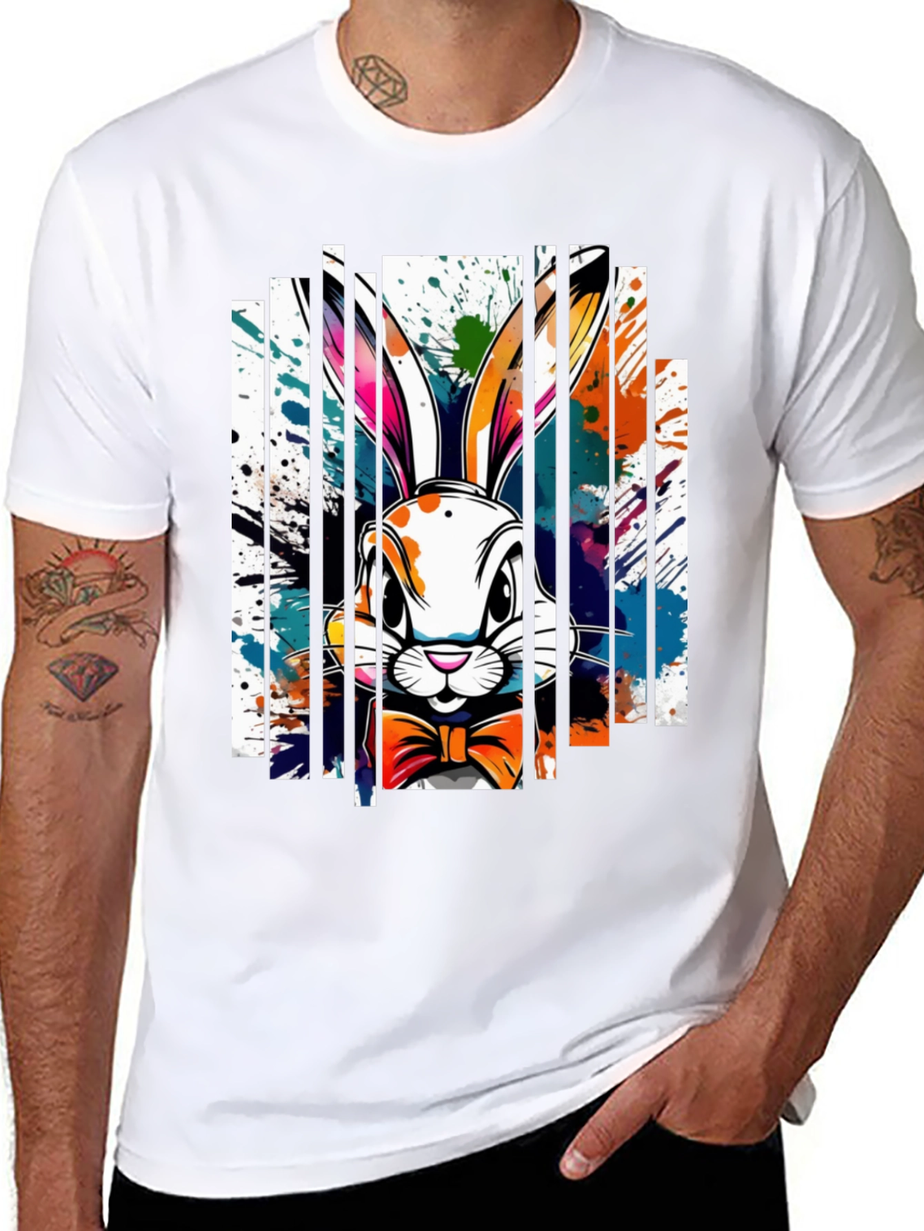Easter Bunny Splatter Print Black T-Shirt