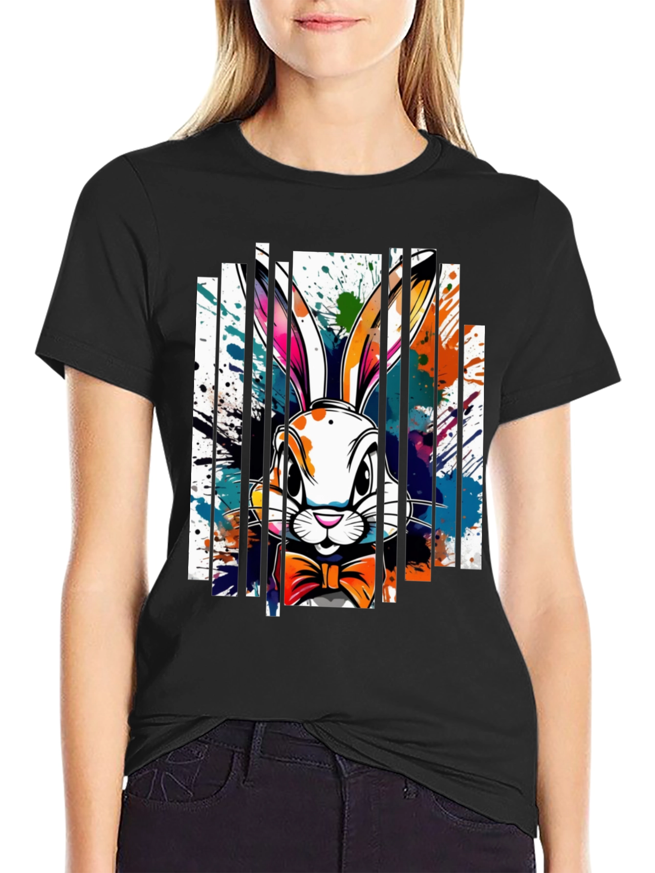Easter Bunny Splatter Print Black T-Shirt