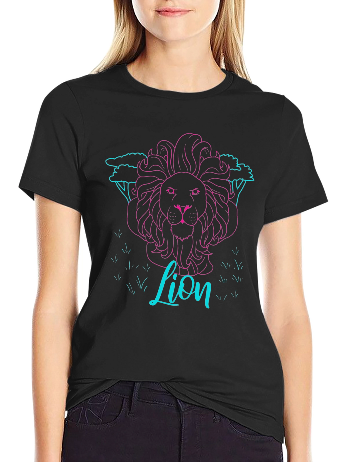 Neon Lion Graphic Tee - Black Cotton T-Shirt