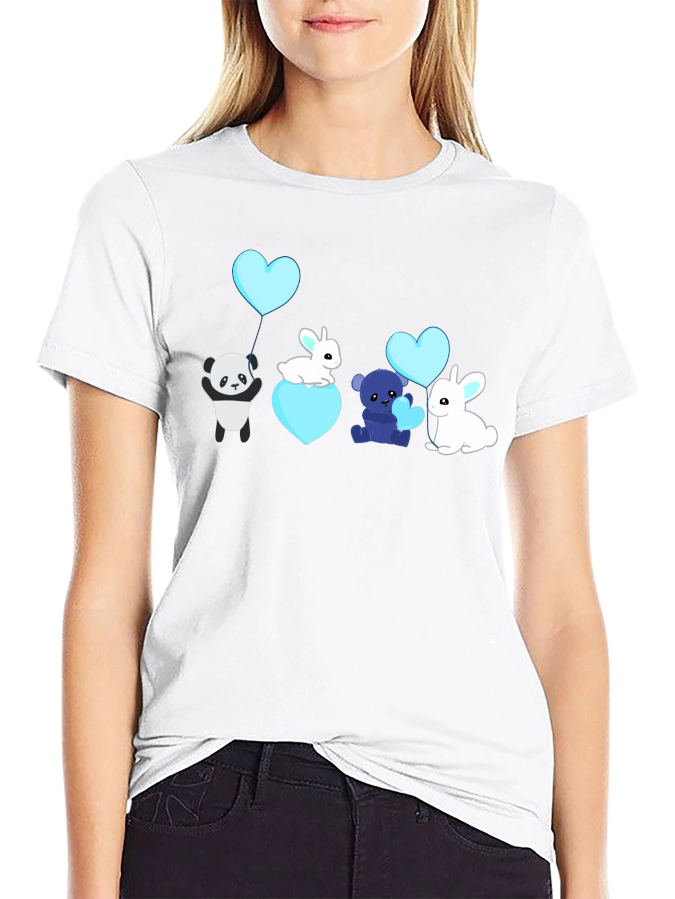 Cute Cartoon Animal Heart Balloon Black T-Shirt