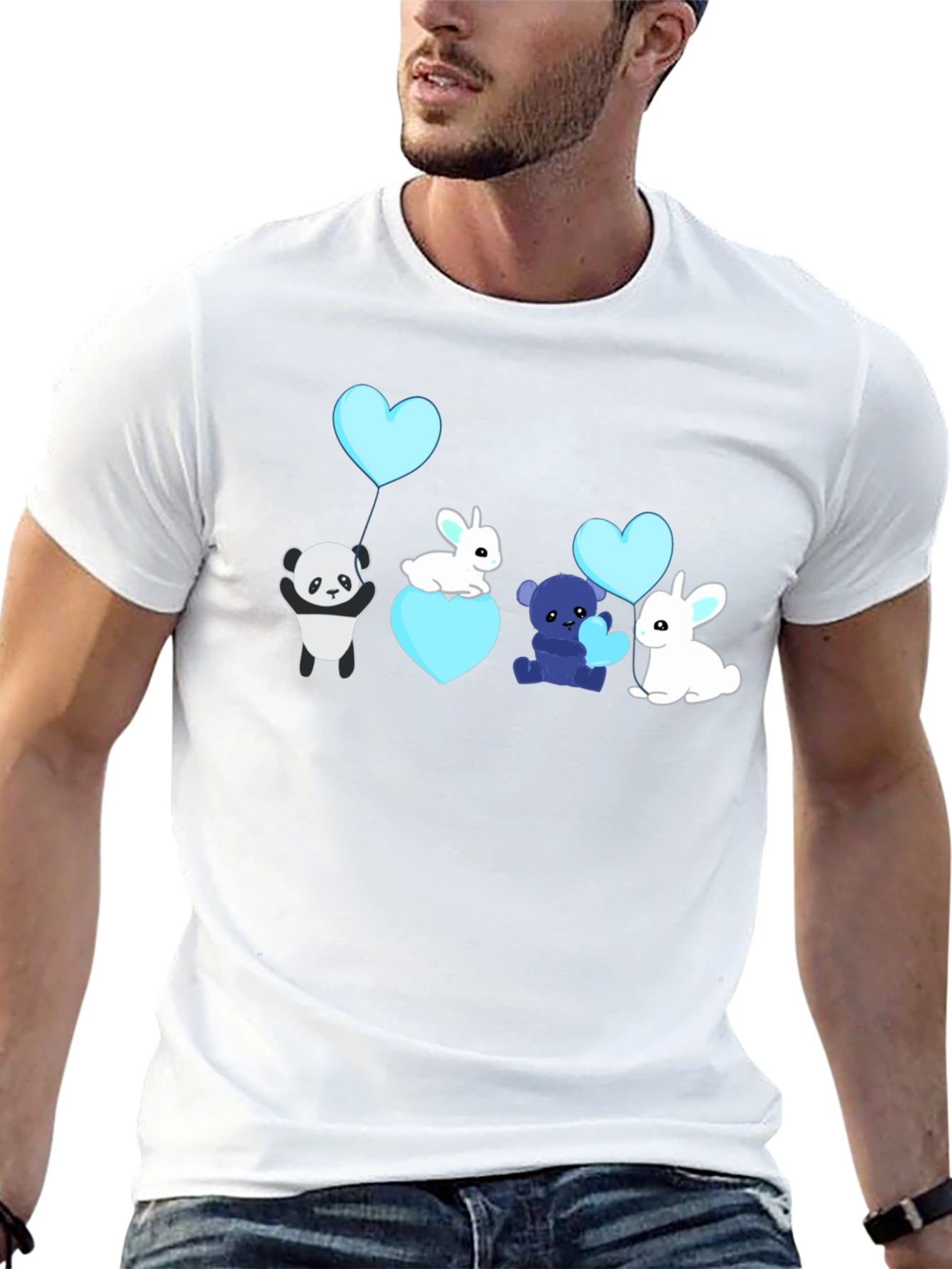 Cute Cartoon Animal Heart Balloon Black T-Shirt