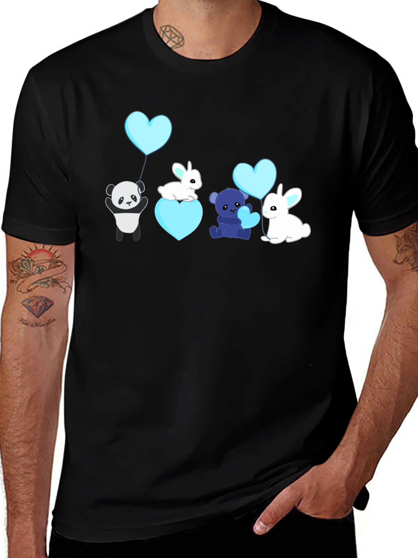 Cute Cartoon Animal Heart Balloon Black T-Shirt
