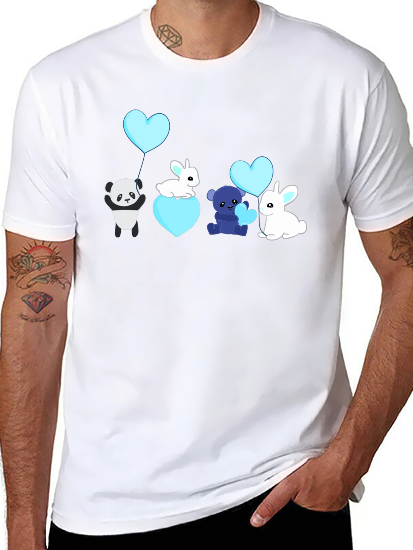 Cute Cartoon Animal Heart Balloon Black T-Shirt