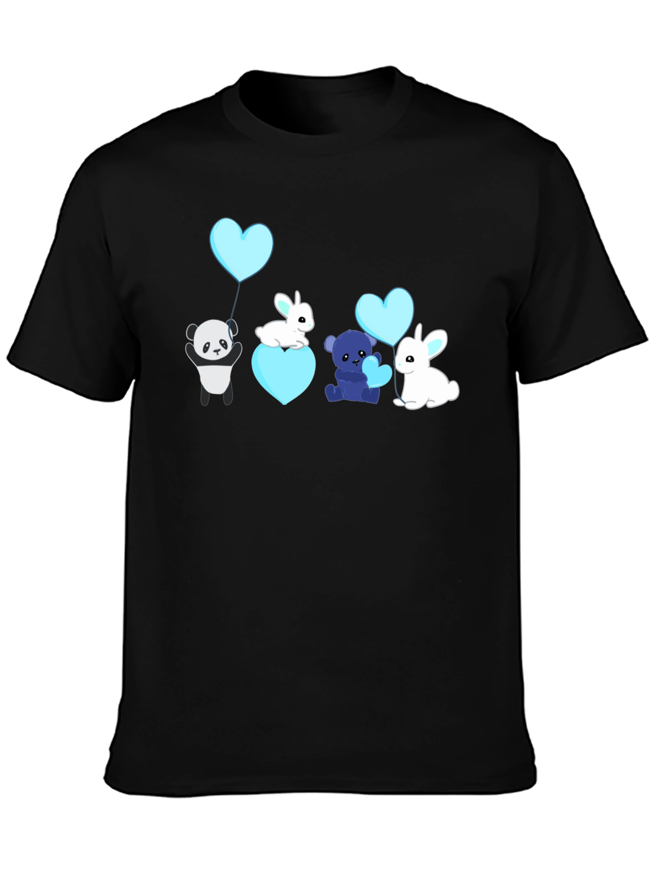 Cute Cartoon Animal Heart Balloon Black T-Shirt