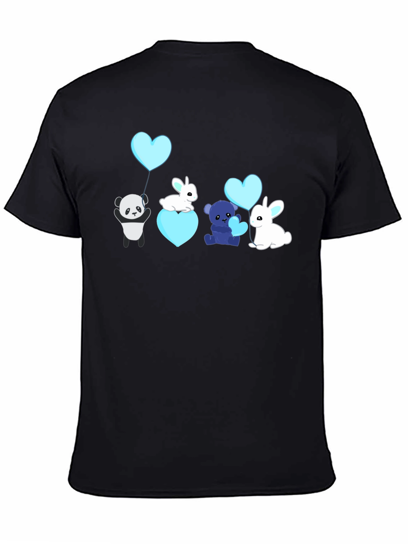 Cute Cartoon Animal Heart Balloon Black T-Shirt