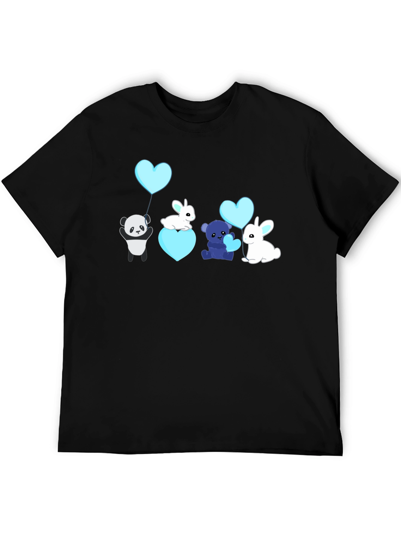 Cute Cartoon Animal Heart Balloon Black T-Shirt