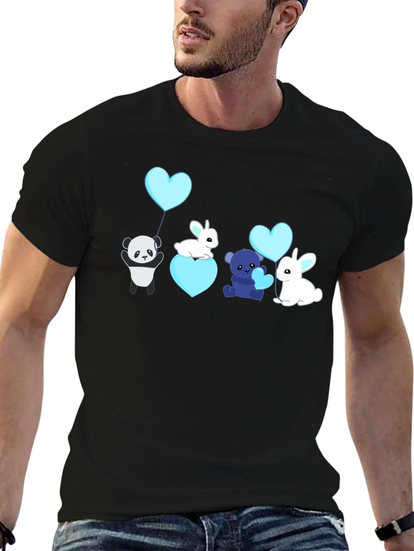Cute Cartoon Animal Heart Balloon Black T-Shirt